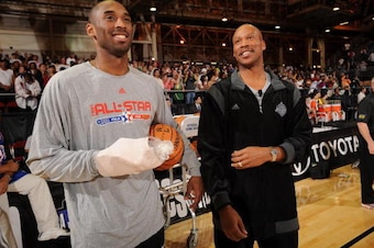 NEW ORLEANS - FEBRUARY 16: Kobe Bryant and Byron Scott of the West All-Stars talk during the West All-Stars Practice on center court at NBA Jam Session presented by Addidas at the Earnest N. Morial Convention Center February 16, 2008 in New Orleans, Louis