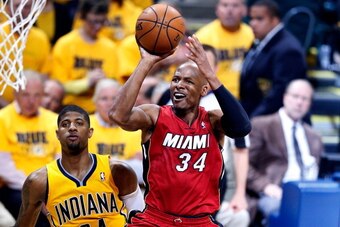 INDIANAPOLIS, IN - MAY 18: Ray Allen #34 of the Miami Heat takes a shot against the Indiana Pacers during Game One of the Eastern Conference Finals of the 2014 NBA Playoffs at Bankers Life Fieldhouse on May 18, 2014 in Indianapolis, Indiana. NOTE TO USER:
