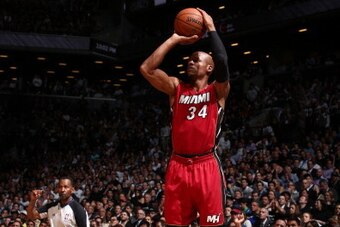 BROOKLYN, NY - MAY 12: Ray Allen #34 of the Miami Heat shoots against the Brooklyn Nets in Game Four of the Eastern Conference Semifinals during the 2014 NBA Playoffs on May 12, 2014 at Barclays Center in Brooklyn. NOTE TO USER: User expressly acknowledge