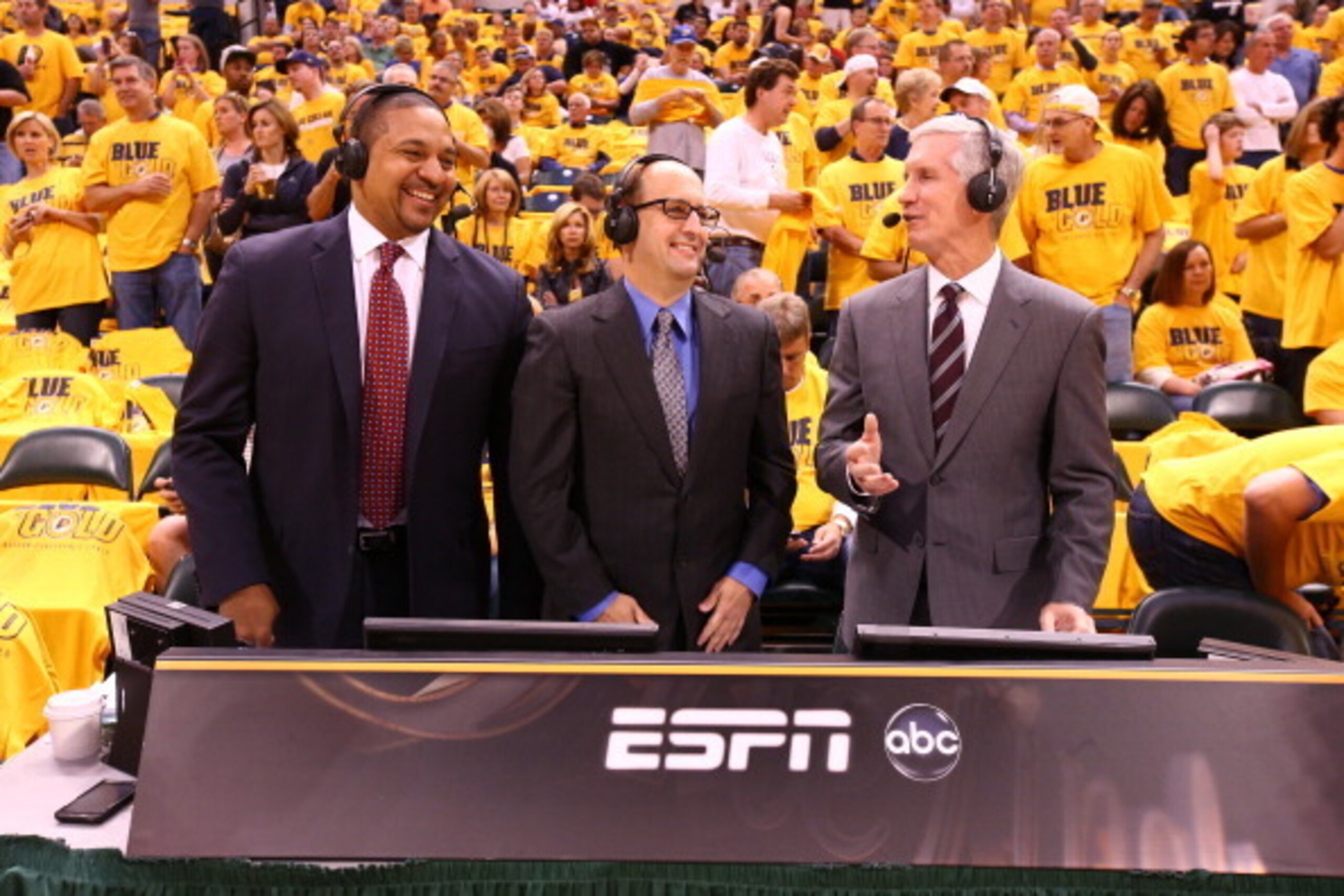 INDIANAPOLIS, IN - MAY 18: ABC Broadcast team of Mark Jackson, Mike Breen, and Jeff Van Gundy during Game One of the Eastern Conference Finals on May 18, 2014 at Bankers Life Fieldhouse in Indianapolis, IN.  NOTE TO USER: User expressly acknowledges and a