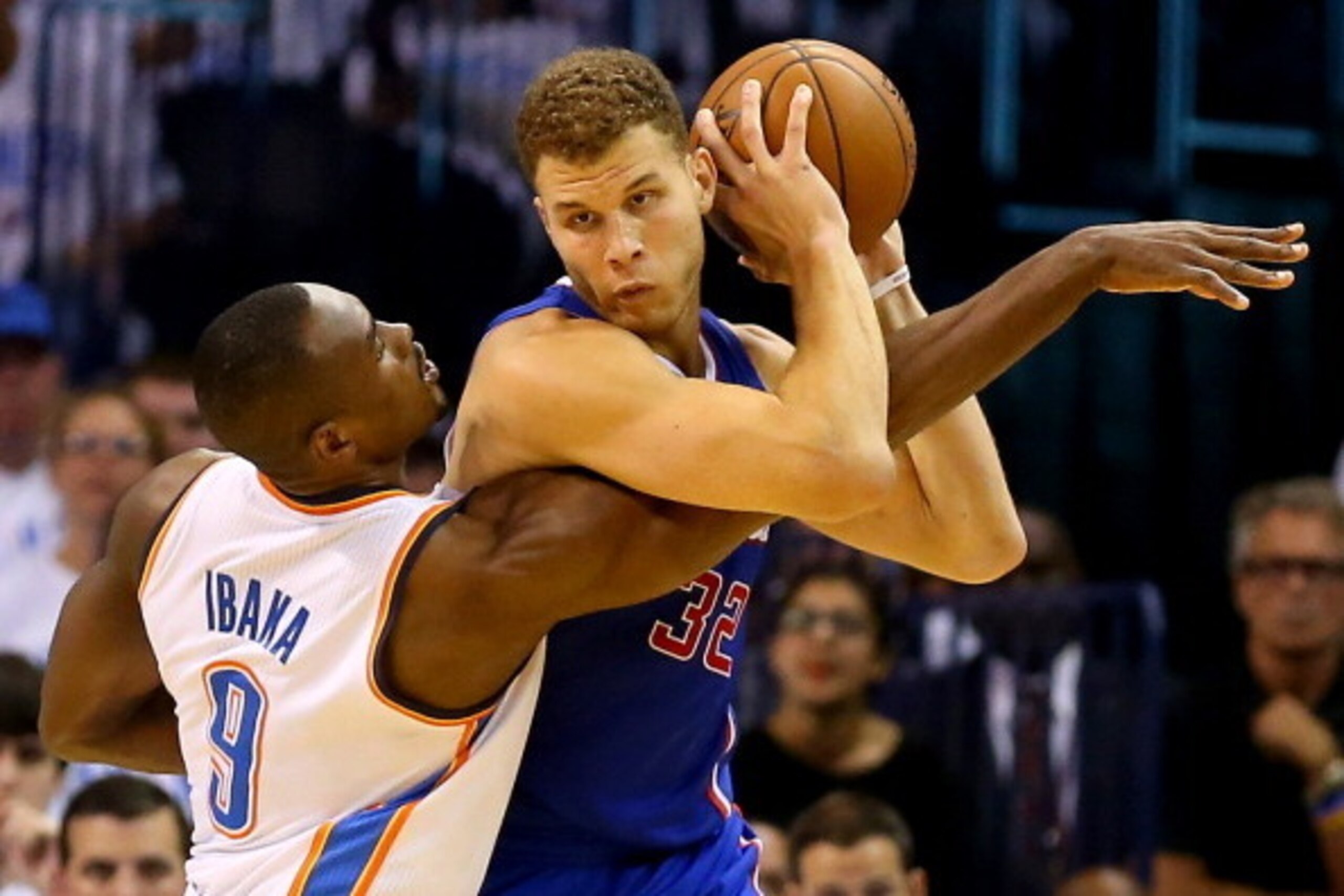 OKLAHOMA CITY, OK - MAY 13:  Serge Ibaka #9 of the Oklahoma City Thunder defends Blake Griffin #32 of the Los Angeles Clippers in Game Five of the Western Conference Semifinals during the 2014 NBA Playoffs at Chesapeake Energy Arena on May 13, 2014 in Okl