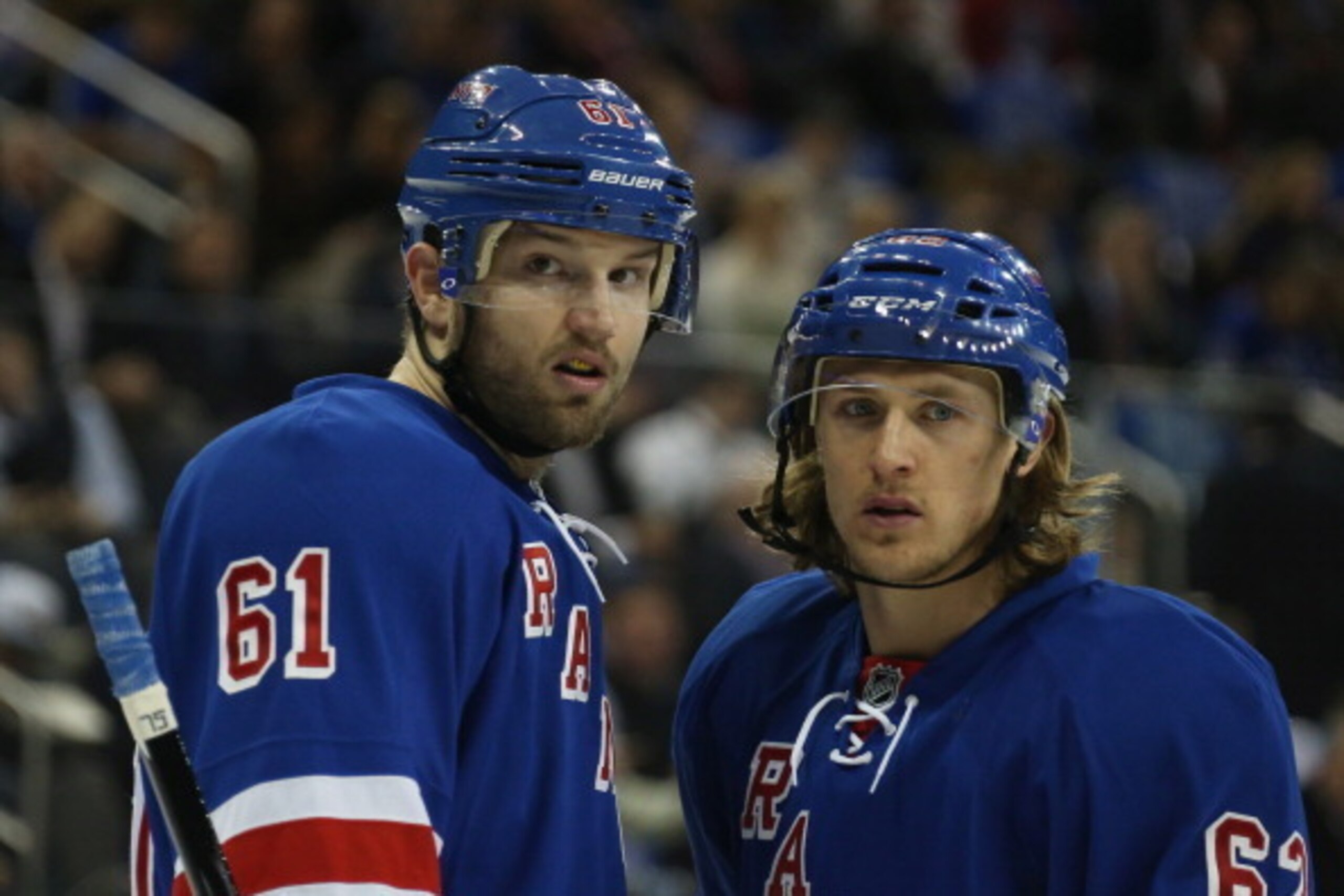 NEW YORK, NY - MAY 05: Rick Nash #61 of the New York Rangers and teammate Carl Hagelin #62
looks on during the game against the Pittsburgh Penguins in Game Three of the Second Round of the 2014 NHL Stanley Cup Playoffs at Madison Square Garden on May 5, NEW YORK, NY - MAY 05: Rick Nash #61 of the New York Rangers and teammate Carl Hagelin #62
looks on during the game against the Pittsburgh Penguins in Game Three of the Second Round of the 2014 NHL Stanley Cup Playoffs at Madison Square Garden on May 5,