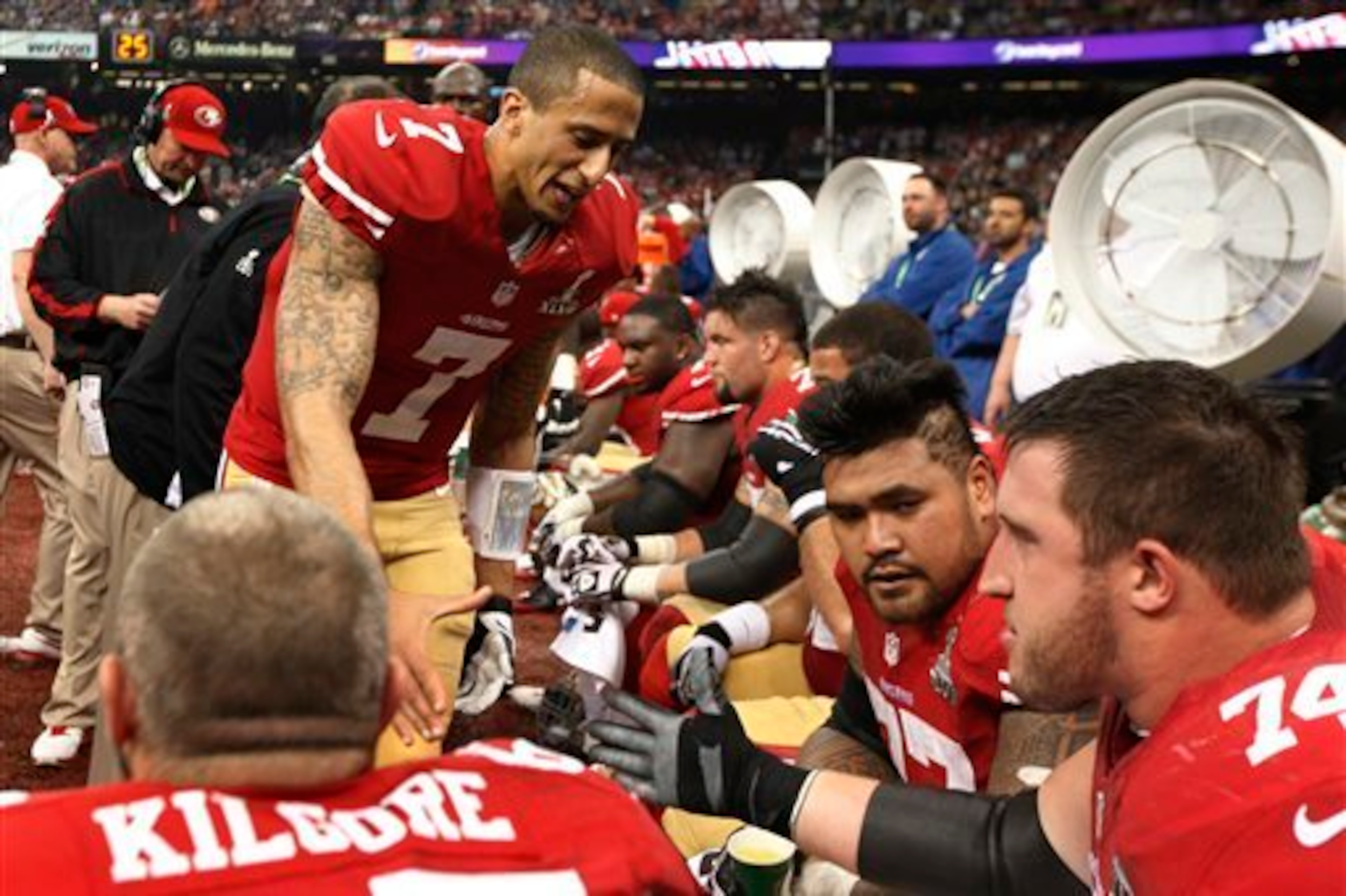 Kaepernick addresses Iupati, Staley and potential starting center Daniel Kilgore during Super Bowl XLVII.
