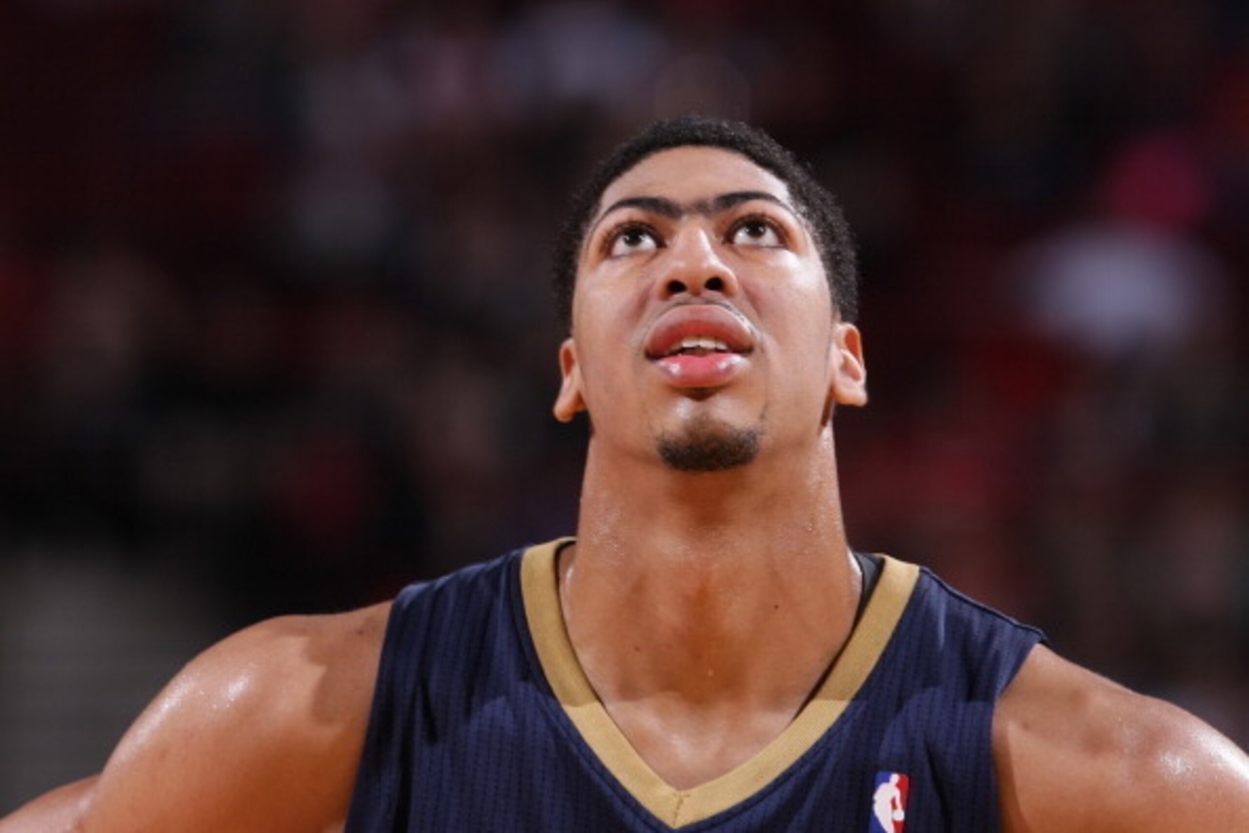 PORTLAND, OR - APRIL 6:  Anthony Davis #23 of the New Orleans Pelicans looks up during the game against the Portland Trail Blazers on April 6, 2014 at the Moda Center Arena in Portland, Oregon. NOTE TO USER: User expressly acknowledges and agrees that, by