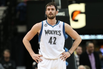 MINNEAPOLIS, MN - FEBRUARY 4:  Kevin Love #42 of the Minnesota Timberwolves stands on the court against the Los Angeles Lakers on February 4, 2014 at Target Center in Minneapolis, Minnesota. NOTE TO USER: User expressly acknowledges and agrees that, by do