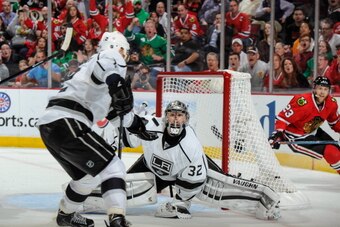 CHICAGO, IL - MAY 21: Goalie Jonathan Quick #32 of the Los Angeles Kings blocks the shot taken by the Chicago Blackhawks in Game Two of the Western Conference Final during the 2014 NHL Stanley Cup Playoffs at the United Center on May 21, 2014 in Chicago, 