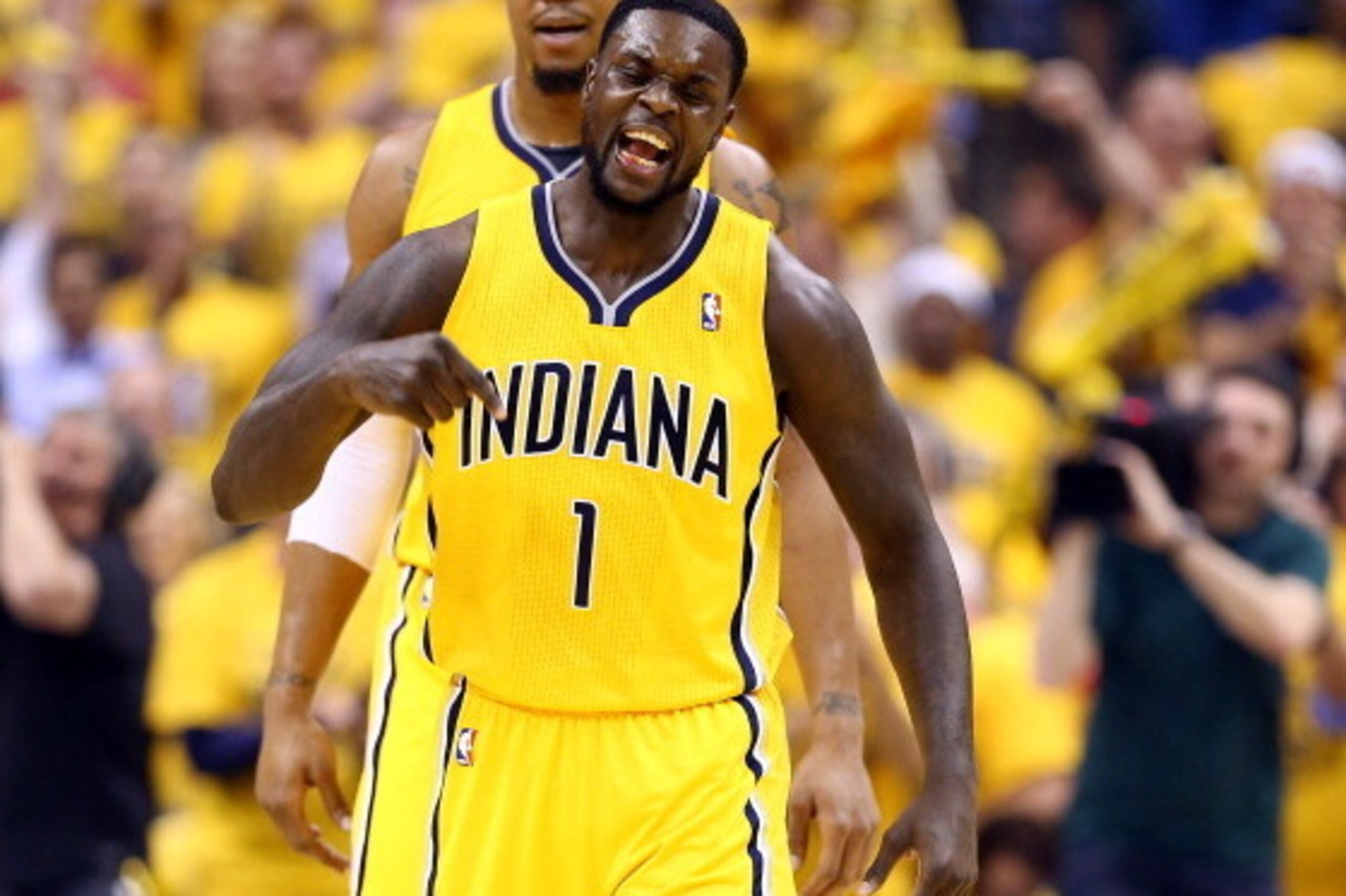 INDIANAPOLIS, IN - MAY 20:  Lance Stephenson #1 of the Indiana Pacers celebrates after making a basket against the Miami Heat during Game Two of the Eastern Conference Finals of the 2014 NBA Playoffs at at Bankers Life Fieldhouse on May 20, 2014 in Indian
