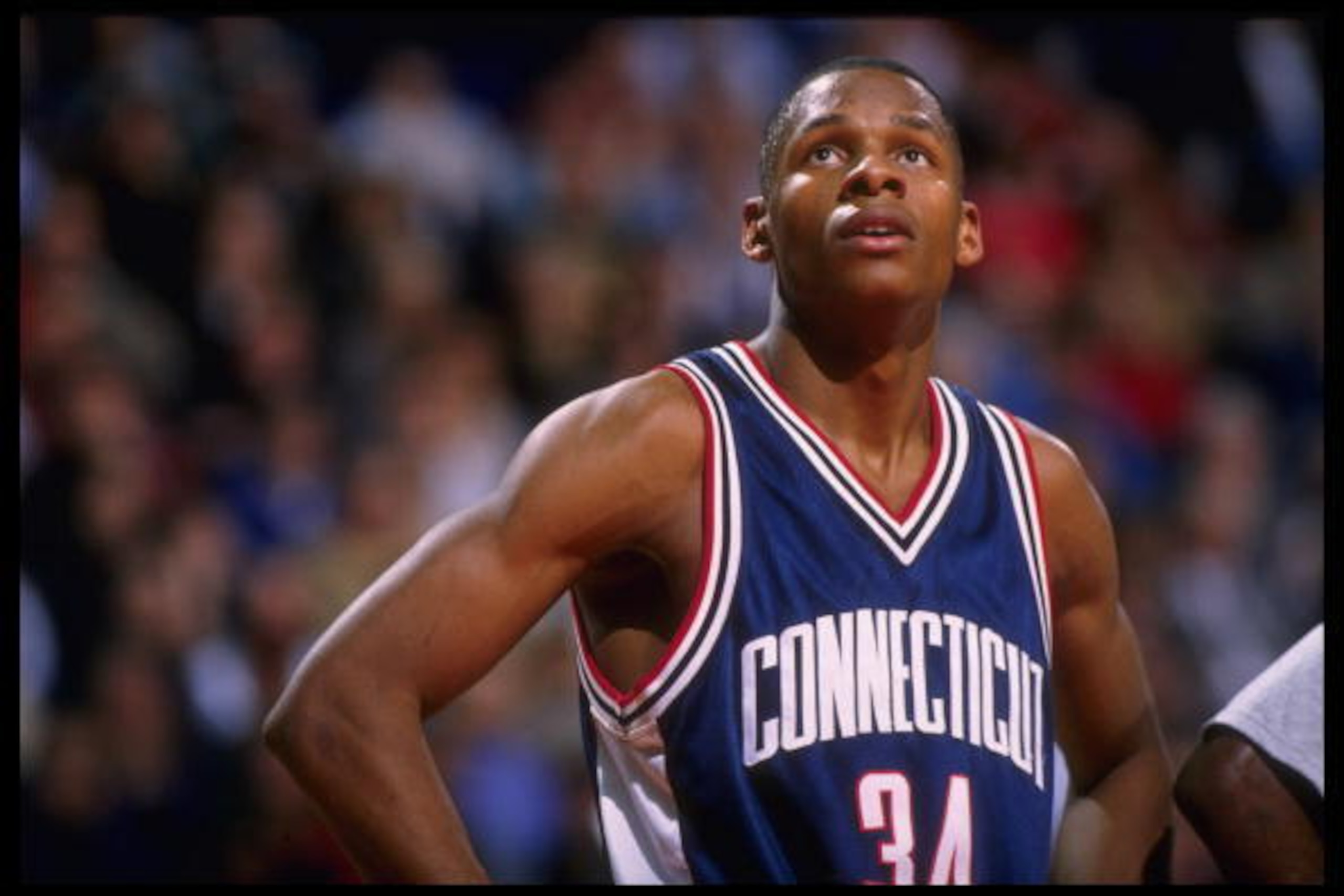 19 Feb 1996: Guard Ray Allen #34 of the Connecticut Huskies pauses on the court during a break in the action against the Georgetown Hoyas in this Big East match-up at the USAir Arena in Washington, D.C. Georgetown defeated UConn 77-65. 19 Feb 1996: Guard Ray Allen #34 of the Connecticut Huskies pauses on the court during a break in the action against the Georgetown Hoyas in this Big East match-up at the USAir Arena in Washington, D.C. Georgetown defeated UConn 77-65.