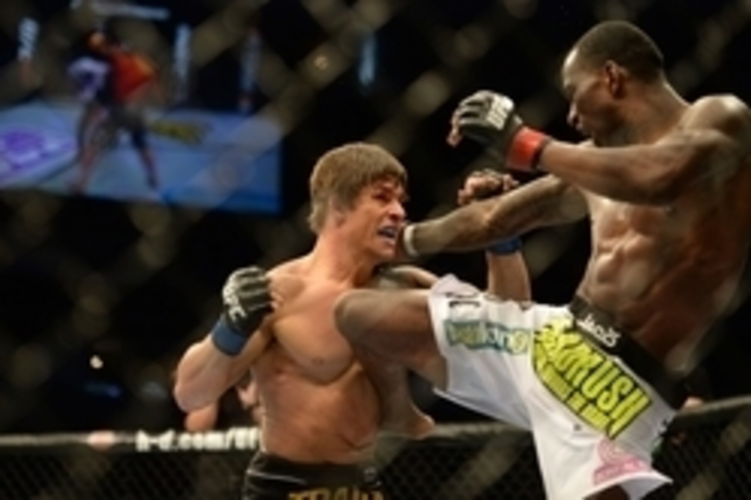 Apr 20, 2013; San Jose, CA, USA; Anthony Njokuani (right) fights Roger Bowling (left) during the lightweight bout prelims of the UFC on Fuel TV at HP Pavilion. Mandatory Credit: Kyle Terada-USA TODAY Sports