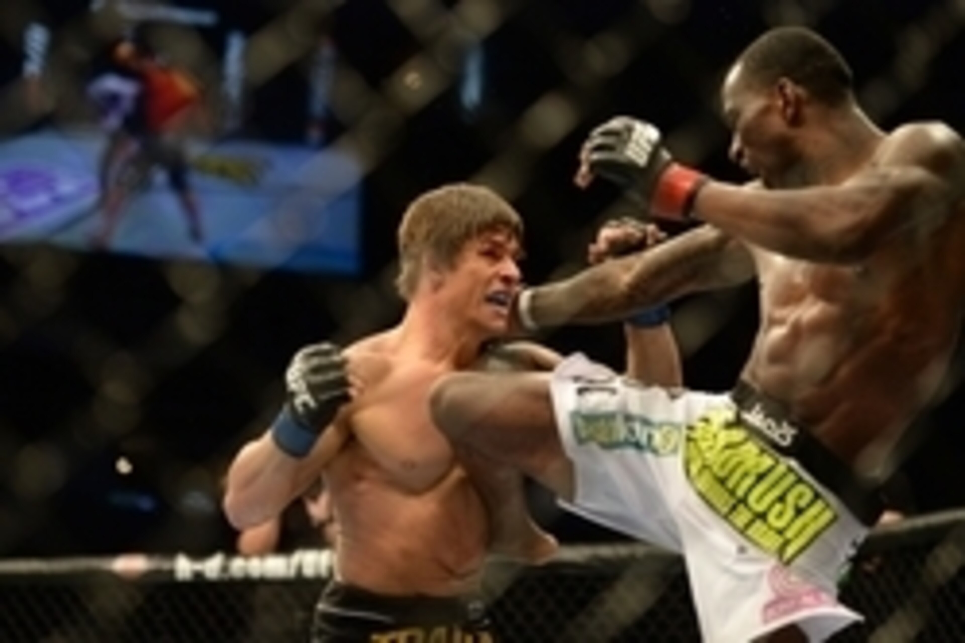 Apr 20, 2013; San Jose, CA, USA; Anthony Njokuani (right) fights Roger Bowling (left) during the lightweight bout prelims of the UFC on Fuel TV at HP Pavilion. Mandatory Credit: Kyle Terada-USA TODAY Sports