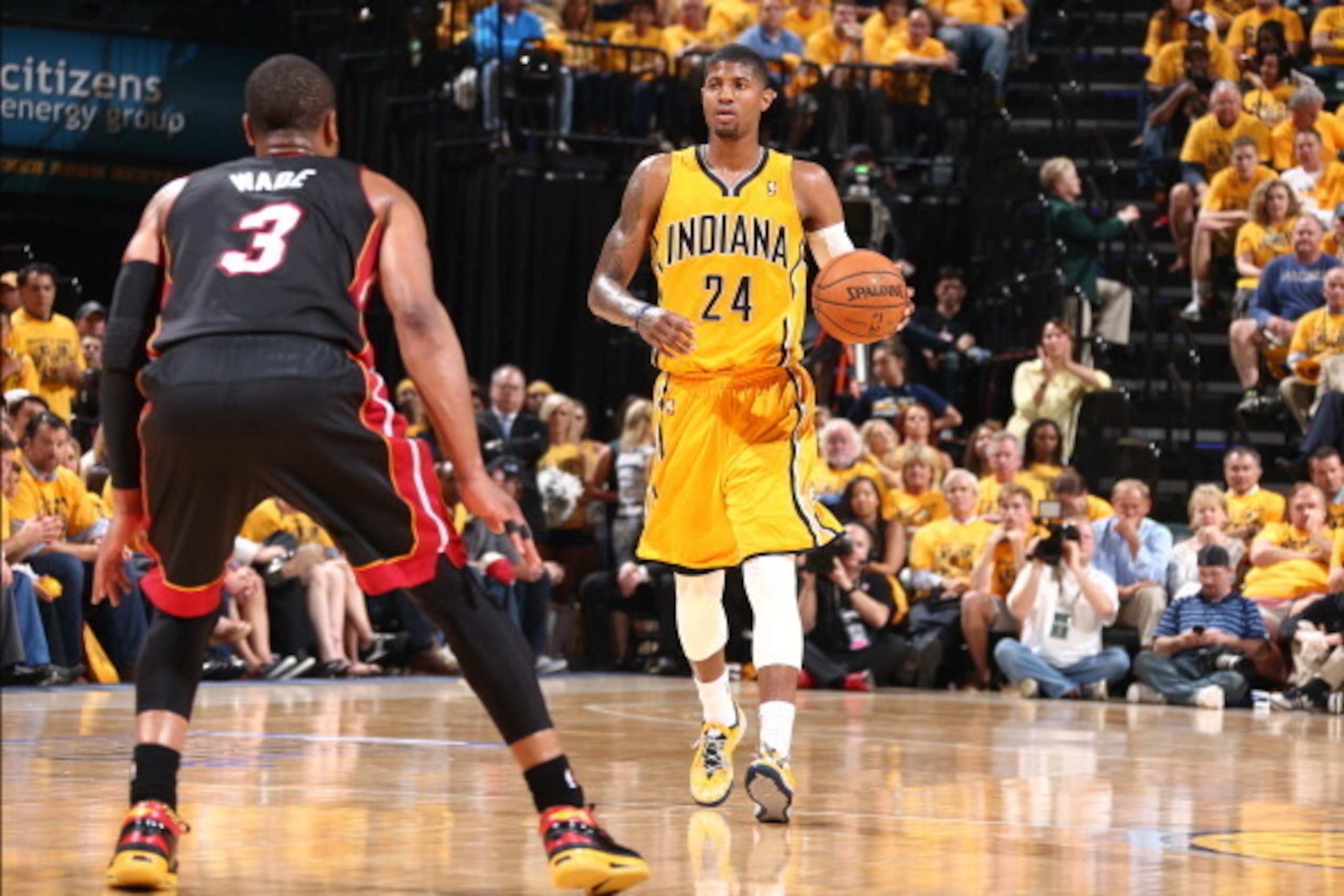 INDIANAPOLIS, IND - MAY 20: Paul George #24 of the Indiana Pacers handles the ball against the Miami Heat in Game Two of the Eastern Conference Finals during the 2014 NBA Playoffs at Bankers Life Fieldhouse on May 20, 2014 in Indianapolis, Indiana. NOTE T