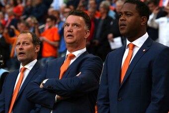 AMSTERDAM, NETHERLANDS - MAY 17: Holland manager Louis van Gaal stands with assistant managers Danny Blind (L) and Patrick Kluivert (R) during the International Friendly match between The Netherlands and Ecuador at The Amsterdam Arena on May 17, 2014 in A