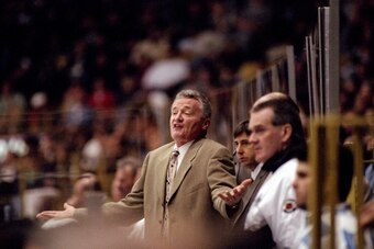 10 Jan 1998:  Head coach Larry Robinson of the Los Angeles Kings looks on during a game against the Edmonton Oilers at the Great Western Forum in Inglewood, California.  The Oilers won the game, 4-3. Mandatory Credit: Elsa Hasch  /Allsport