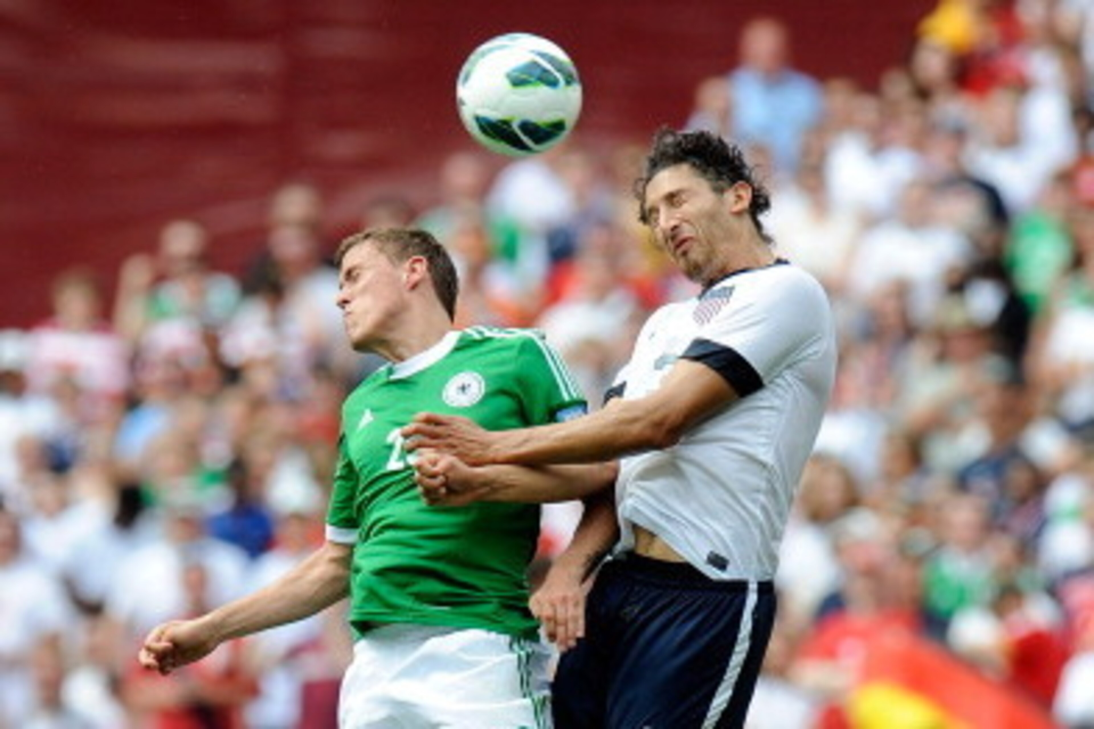WASHINGTON, DC - JUNE 02:  Omar Gonzalez #3 of the United States Men's National Team goes up for a header against Max Kruse #20 of the Germany Men's National Team in an international friendly at RFK Stadium on June 2, 2013  in Washington, DC.  (Photo by G