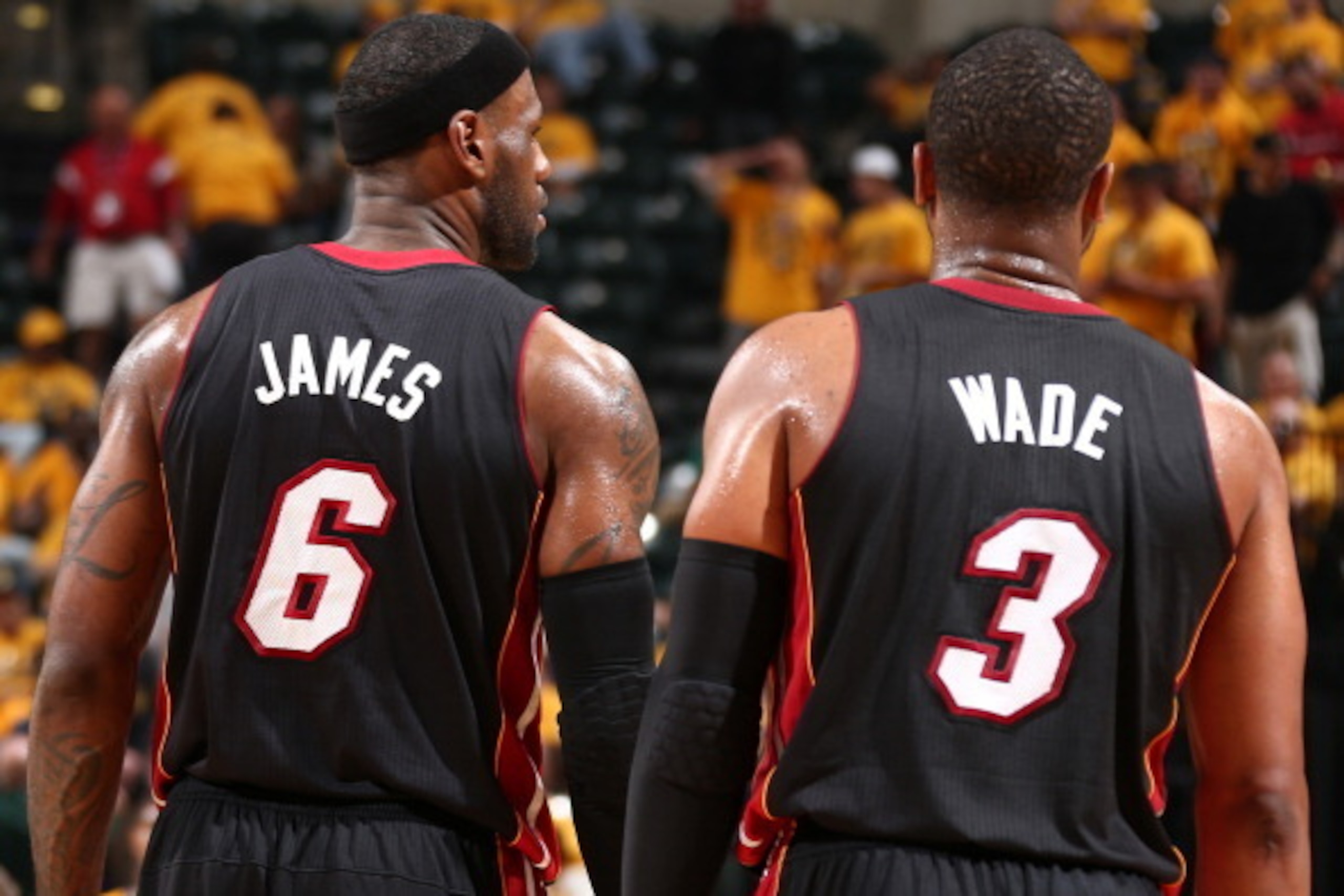 INDIANAPOLIS, IND - MAY 20: LeBron James #6 and Dwyane Wade #30 of the Miami Heat during the game against the Indiana Pacers in Game Two of the Eastern Conference Finals during the 2014 NBA Playoffs at Bankers Life Fieldhouse on May 20, 2014 in Indianapol