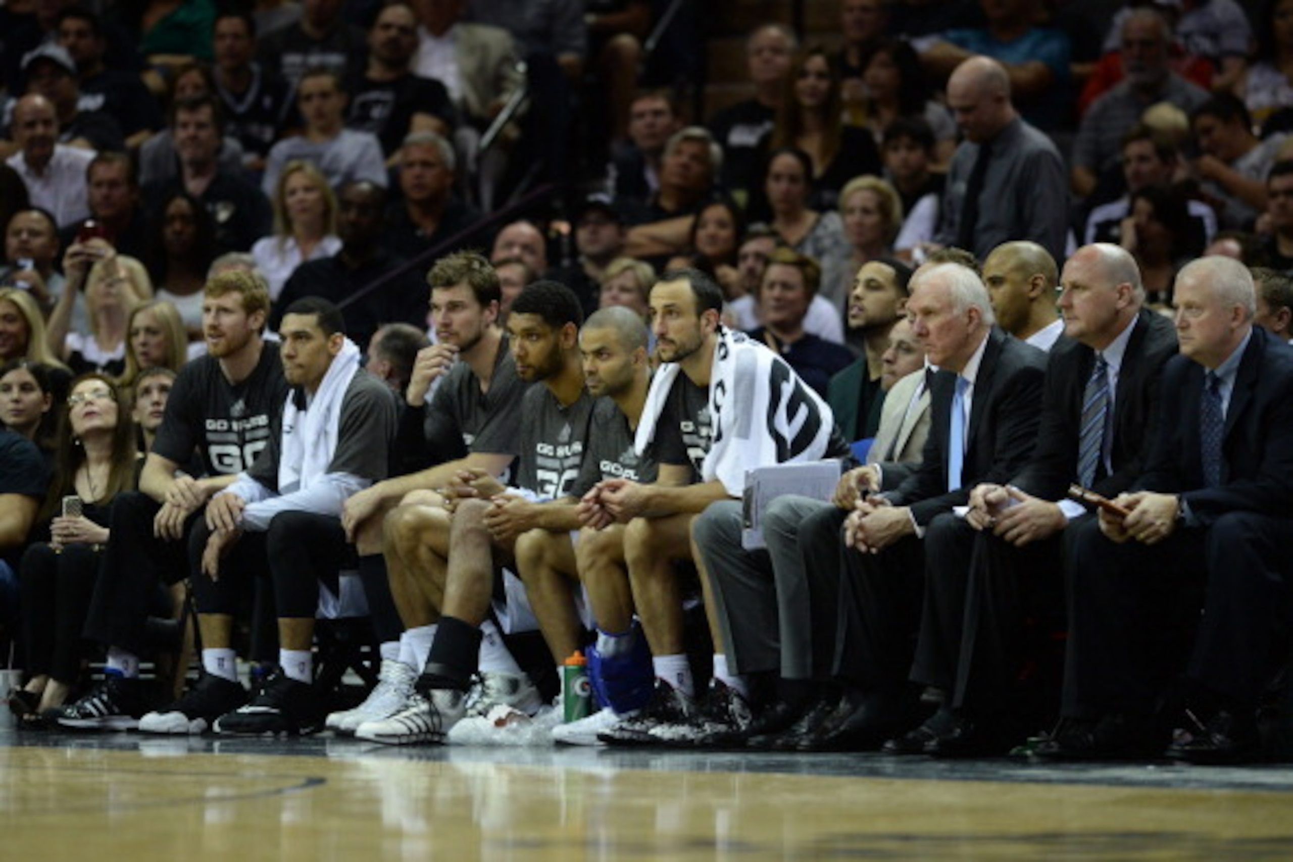 SAN ANTONIO, TX - MAY 21: The San Antonio Spurs look on from the bench in Game Two of the Western Conference Finals against the Oklahoma City Thunder during the 2014 NBA Playoffs on May 21, 2014 at the AT&T Center in San Antonio, Texas.  NOTE TO USER: Use