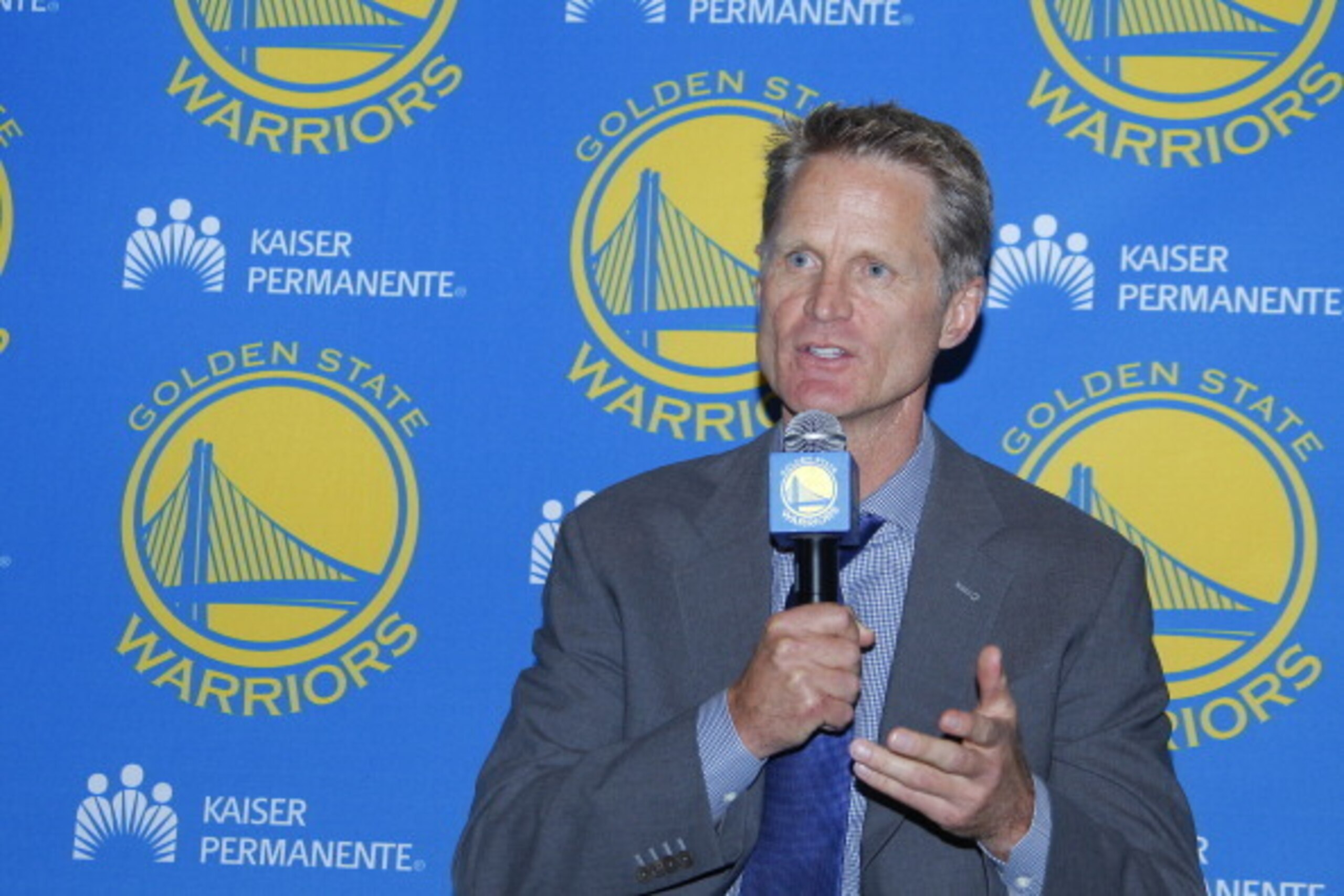 OAKLAND, CA - MAY 20: Steve Kerr of the Golden State Warriors speaks at his introductory press conference on May 20, 2014 in Oakland, California. NOTE TO USER: User expressly acknowledges and agrees that, by downloading and/or using this Photograph, User 