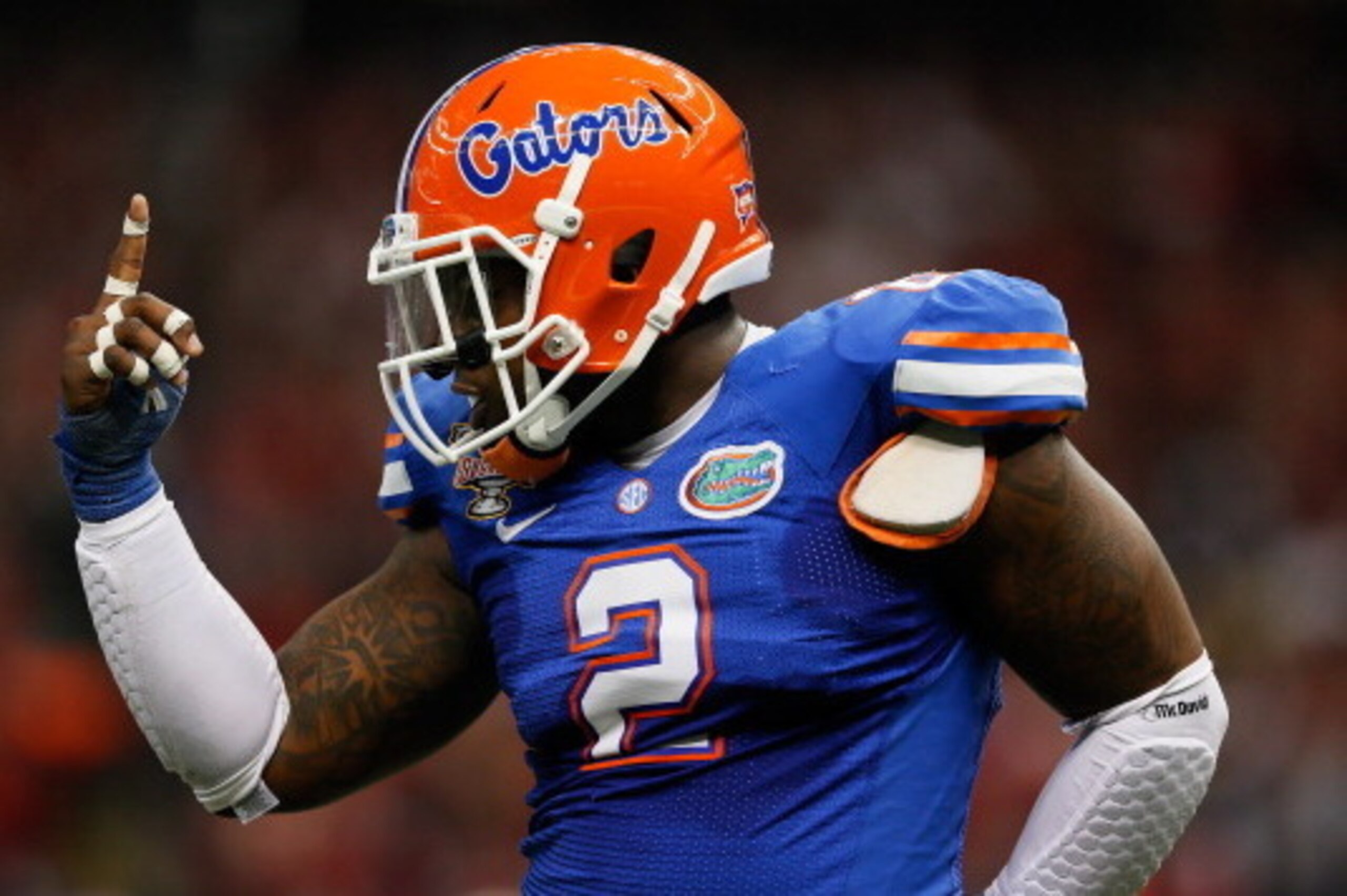 NEW ORLEANS, LA - JANUARY 02:  Dominique Easley #2 of the Florida Gators celebrates after sacking Teddy Bridgewater #5 of the Louisville Cardinals in the first quarter of the Allstate Sugar Bowl at Mercedes-Benz Superdome on January 2, 2013 in New Orleans