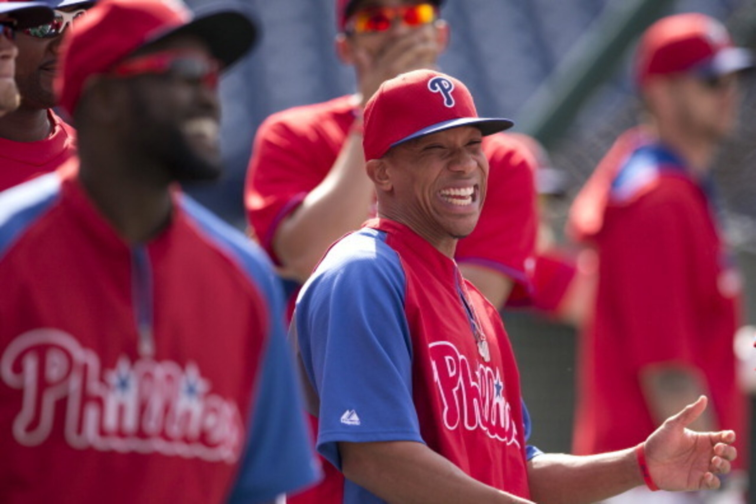 PHILADELPHIA, PA - MAY 13: Center fielder Ben Revere #2 of the Philadelphia Phillies laughs with some team members before the game against the Los Angeles Angels of Anaheim on May 13, 2014 at Citizens Bank Park in Philadelphia, Pennsylvania. (Photo by Mit PHILADELPHIA, PA - MAY 13: Center fielder Ben Revere #2 of the Philadelphia Phillies laughs with some team members before the game against the Los Angeles Angels of Anaheim on May 13, 2014 at Citizens Bank Park in Philadelphia, Pennsylvania. (Photo by Mit