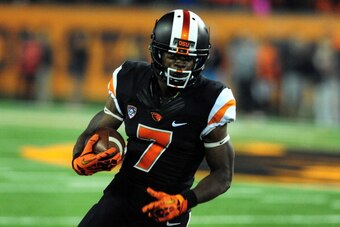 CORVALLIS, OR - OCTOBER 26: Wide receiver Brandin Cooks #7 of the Oregon State Beavers runs with the ball during the first quarter of the game against the Stanford Cardinal at Reser Stadium on October 26, 2013 in Corvallis, Oregon. (Photo by Steve Dykes/G