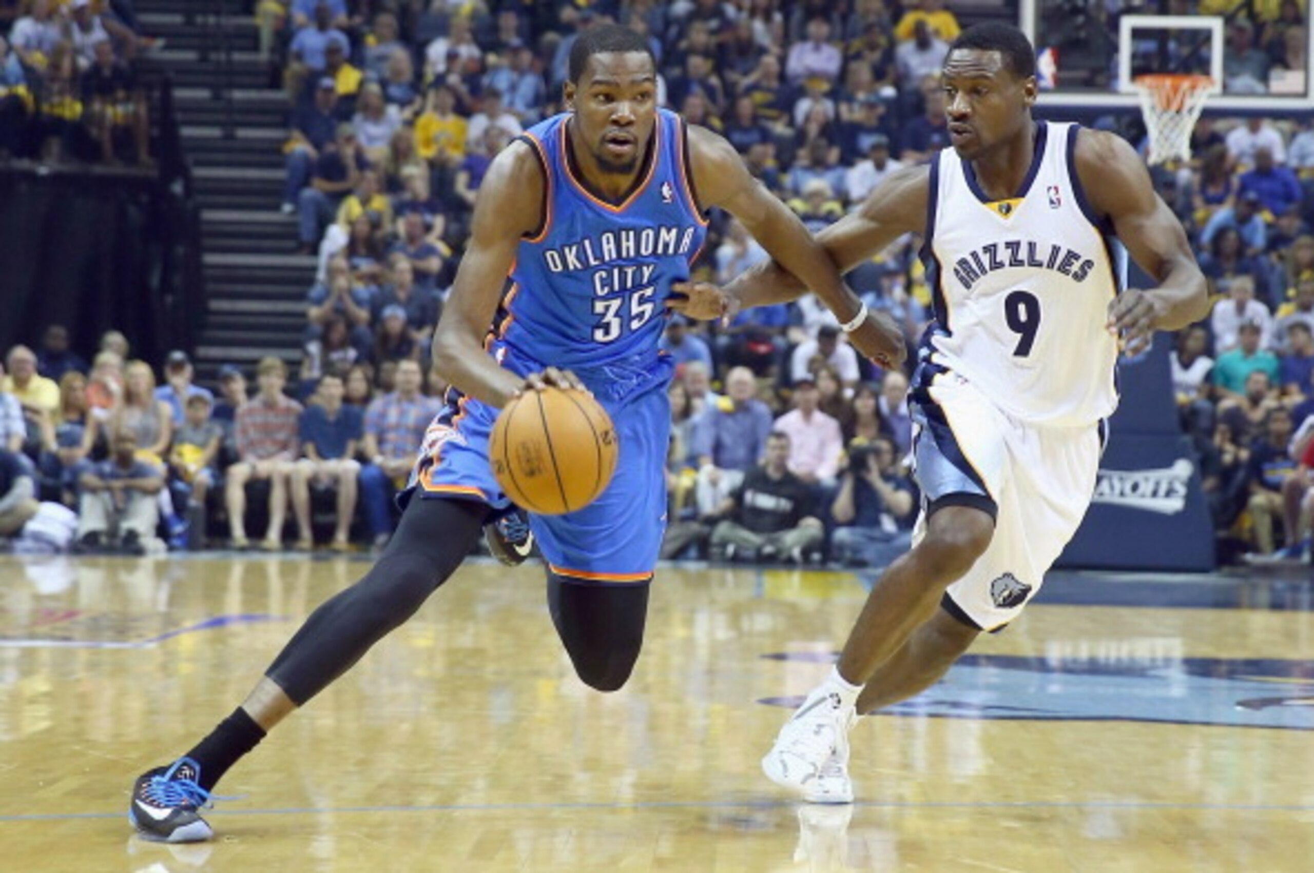 MEMPHIS, TN - APRIL 26:  Kevin Durant #35 of the Oklahoma City Thunder dribbles the ball while defended by Tony Allen #9 of the Memphis Grizzlies in Game 4 of the Western Conference Quarterfinals during the 2014 NBA Playoffs at FedExForum on April 26, 201