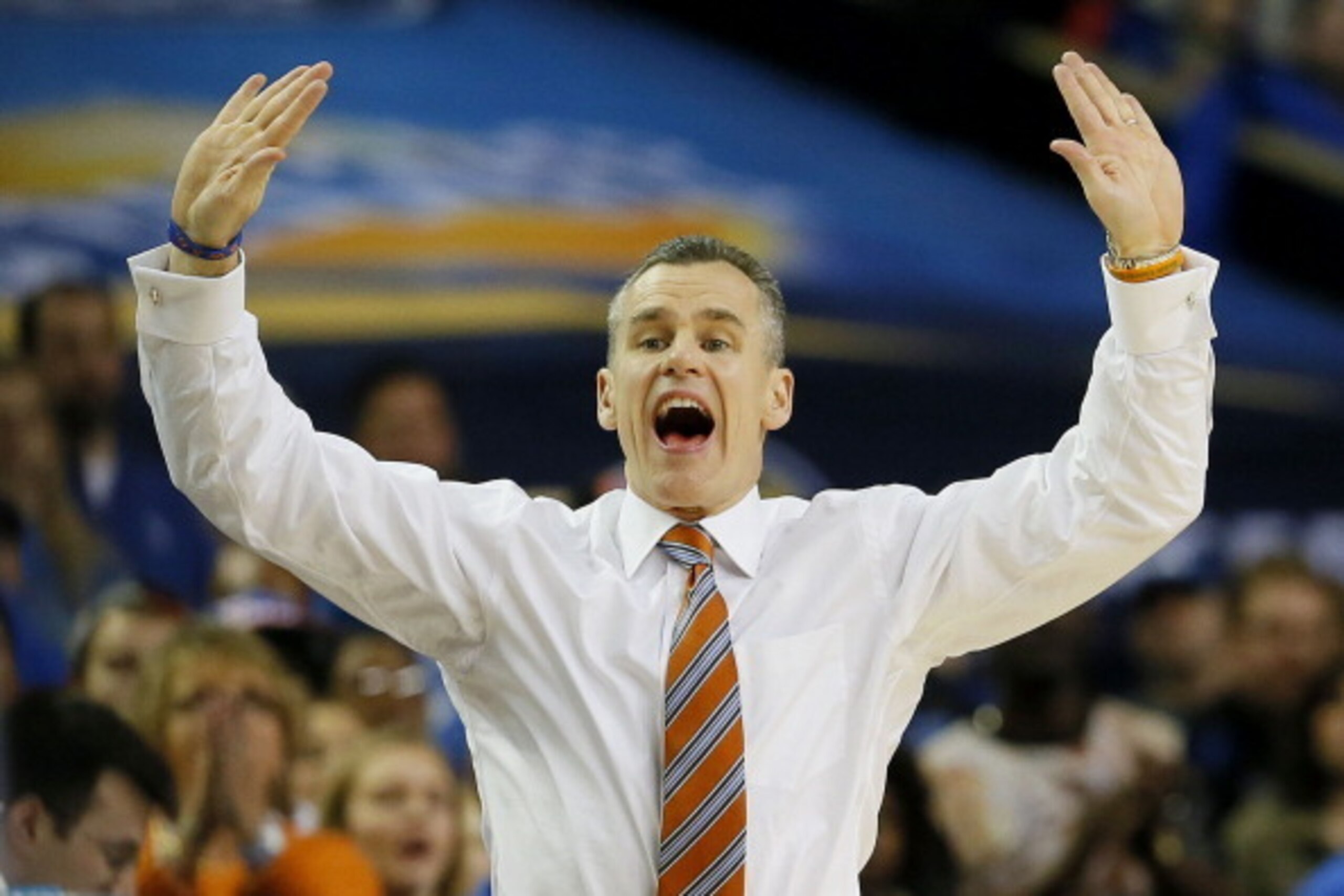 ATLANTA, GA - MARCH 16:  Head coach Billy Donovan of the Florida Gators reacts in the first half against the Kentucky Wildcats during the Championship game of the 2014 Men's SEC Basketball Tournament at Georgia Dome on March 16, 2014 in Atlanta, Georgia. 
