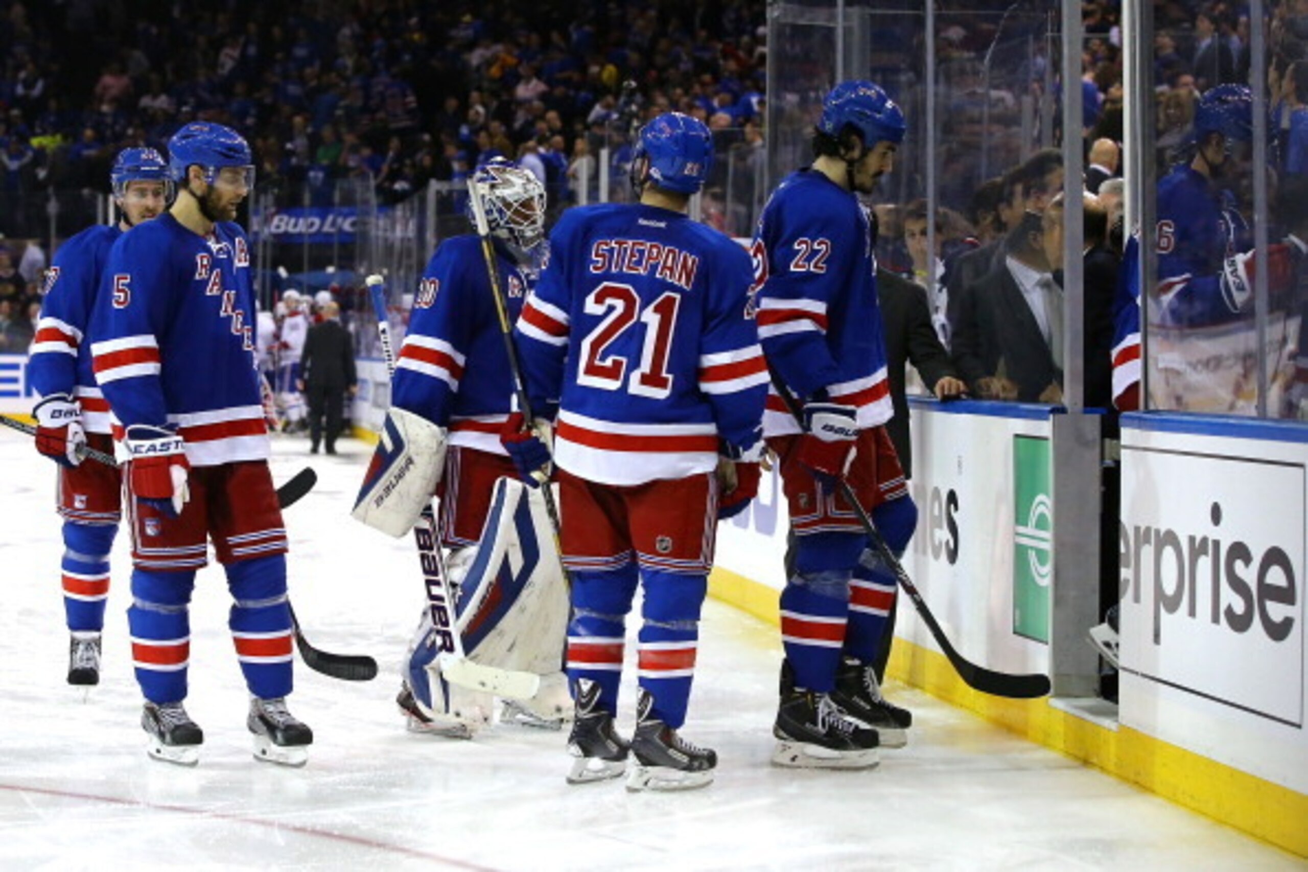 NEW YORK, NY - MAY 22:  New York Rangers
skate off the ice after Alex Galchenyuk #27 of the Montreal Canadiens (not pictured) scores the game winning overtime goal in Game Three of the Eastern Conference Final during the 2014 NHL Stanley Cup Playoffs at M