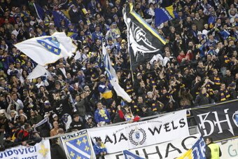 INNSBRUCK, AUSTRIA - MARCH 05:  Fans of Bosnia and Hercegovina show their support during the international friendly match between Bosnia and Herzegovina and Egypt at the Tivoli stadium on March 5, 2014 in Innsbruck, Austria.  (Photo by Simon Hausberger/Ge