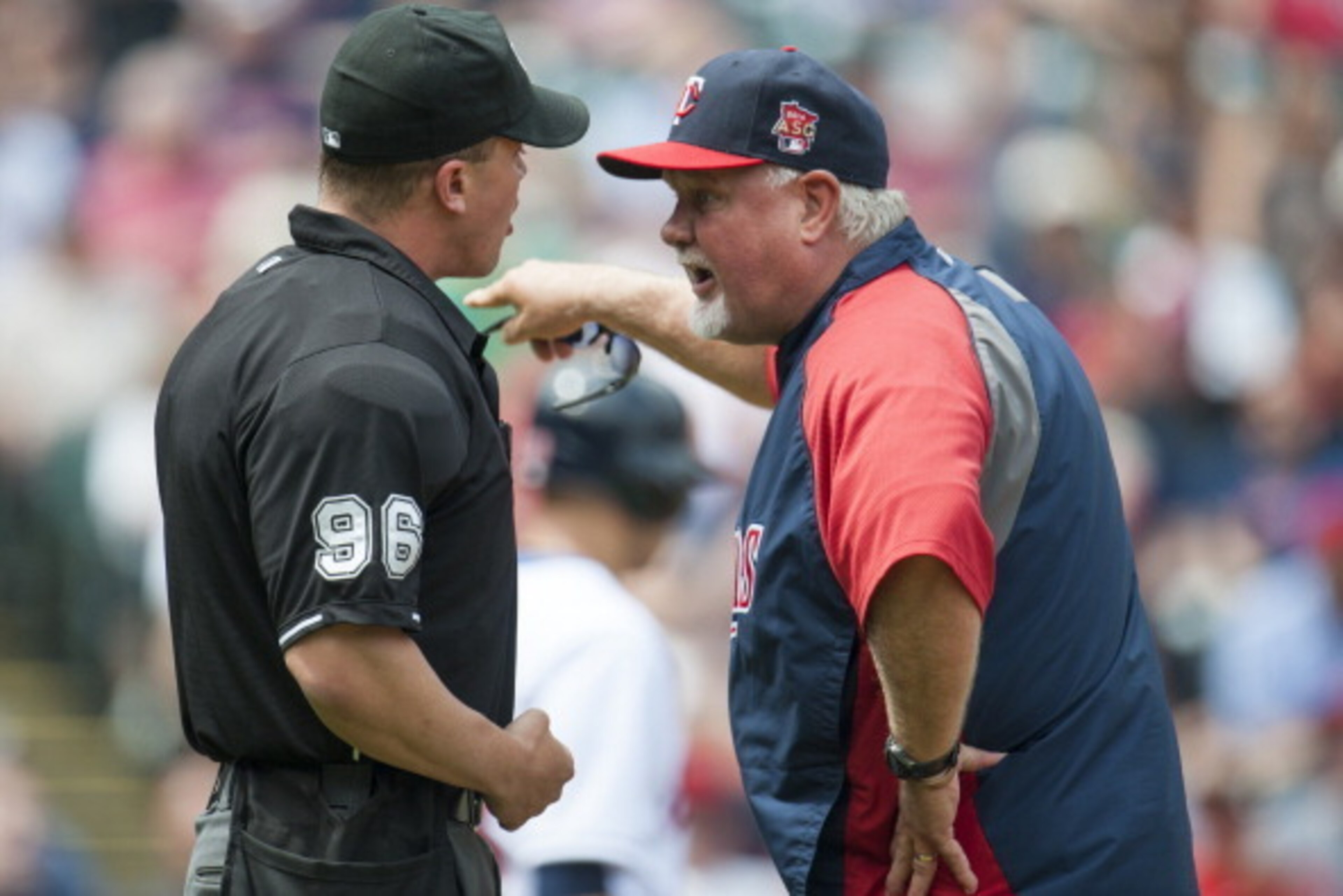 CLEVELAND, OH - MAY 8: Home plate umpire Chris Segal #96 listens to manager Ron Gardenhire #35 of the Minnesota Twins argue a call during the third inning against the Cleveland Indians at Progressive Field on May 8, 2014 in Cleveland, Ohio. (Photo by Jaso