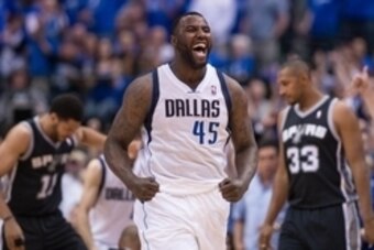 May 2, 2014; Dallas, TX, USA; Dallas Mavericks center DeJuan Blair (45) celebrates during the second half against the San Antonio Spurs in game six of the first round of the 2014 NBA Playoffs at American Airlines Center. The Mavericks defeated the Spurs 1
