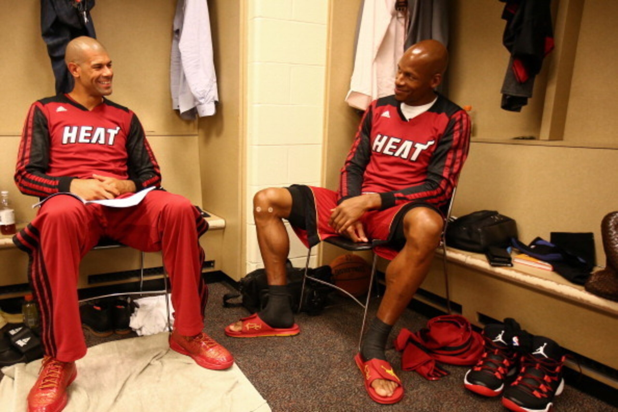 INDIANAPOLIS, IN - MAY 18:  Shane Battier #31 and Ray Allen #34 of the Miami Heat gets ready before Game One of the Eastern Conference Finals against the Indiana Pacers on May 18, 2014 at Bankers Life Fieldhouse in Indianapolis, IN.  NOTE TO USER: User ex
