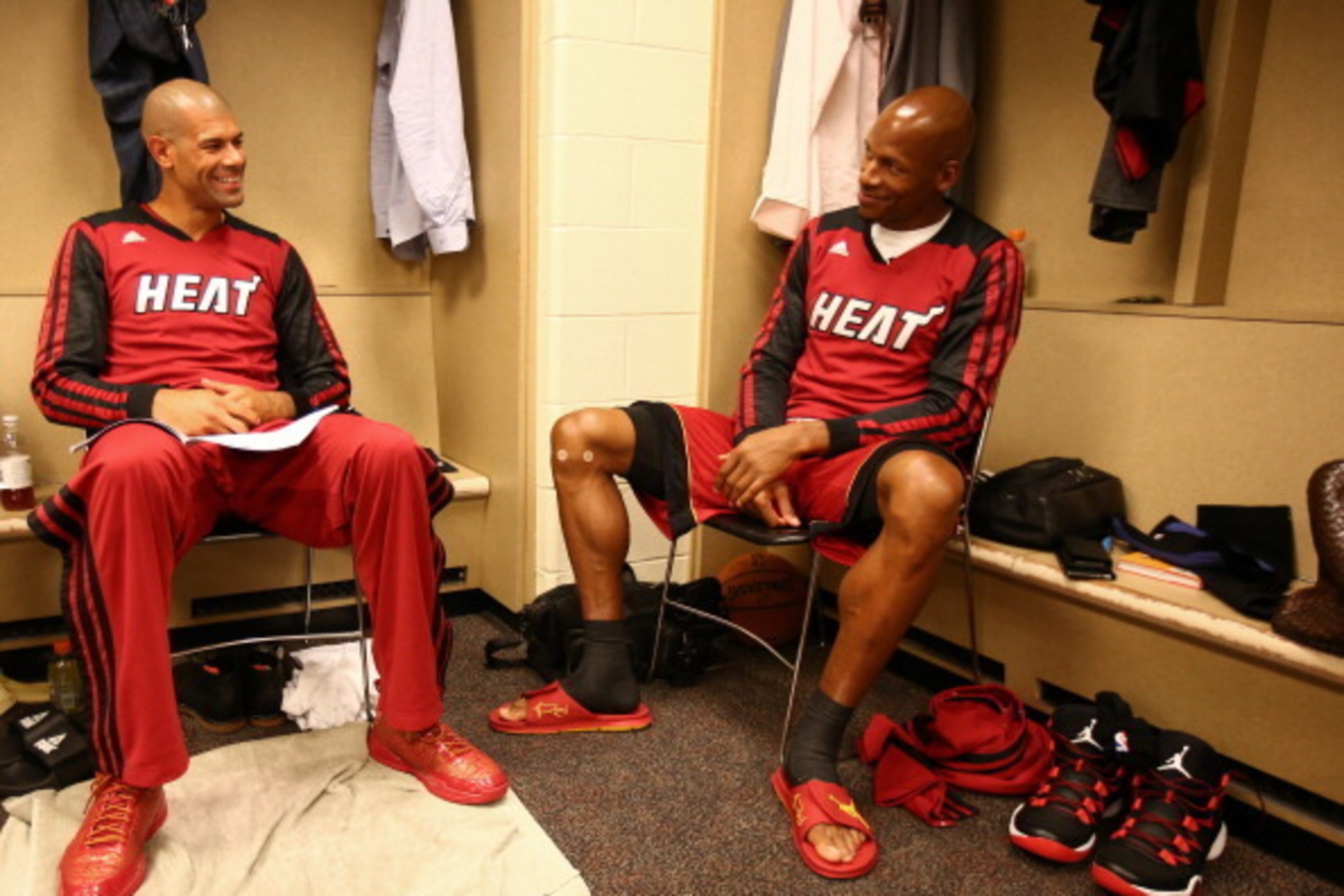 INDIANAPOLIS, IN - MAY 18:  Shane Battier #31 and Ray Allen #34 of the Miami Heat gets ready before Game One of the Eastern Conference Finals against the Indiana Pacers on May 18, 2014 at Bankers Life Fieldhouse in Indianapolis, IN.  NOTE TO USER: User ex