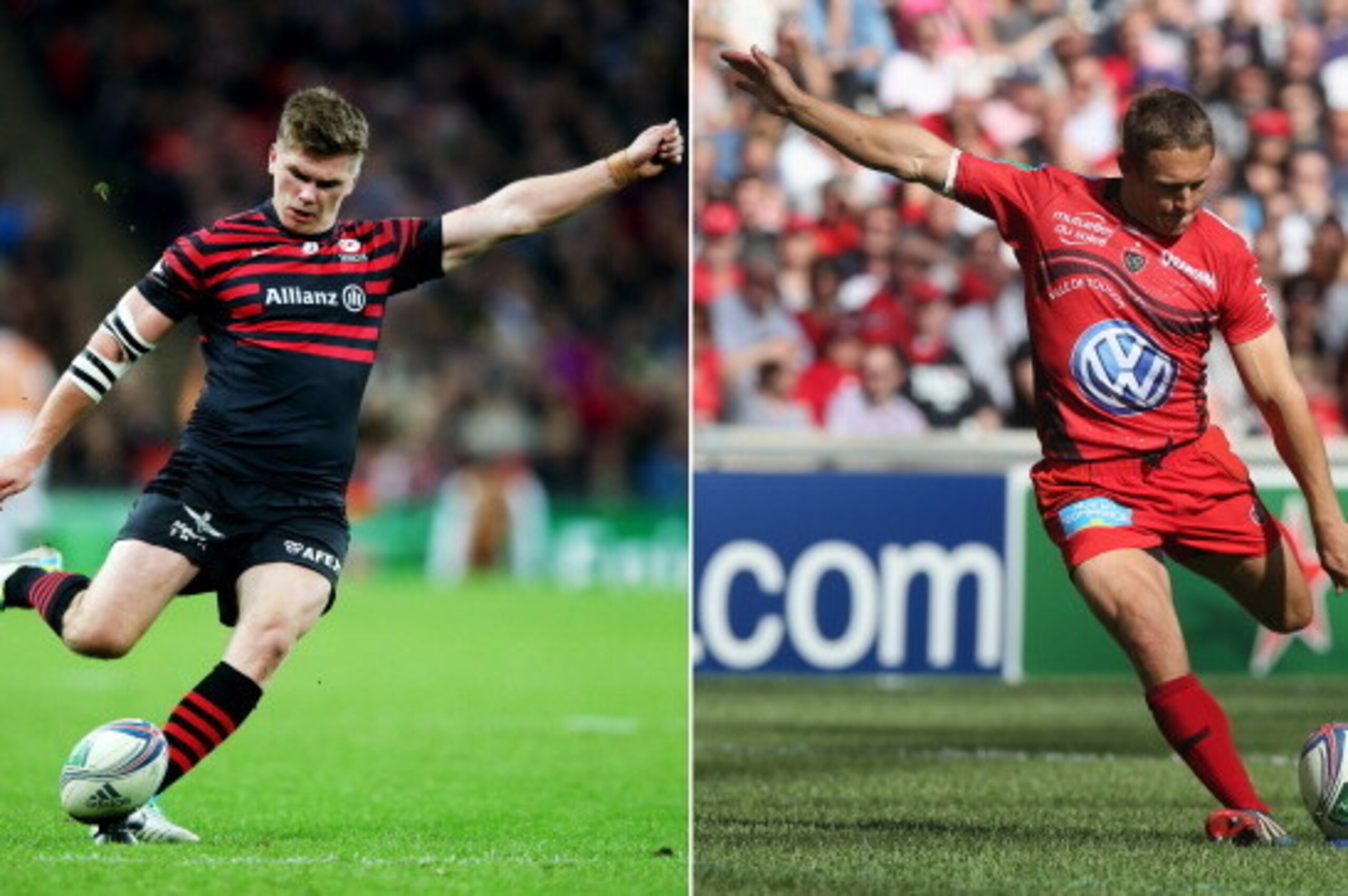 FILE PHOTO - EDITORS NOTE: COMPOSITE OF TWO IMAGES - Image Numbers 185259895 (L) and 487269853) In this composite image a comparison has been made between Fly Halfs Owen Farrell of Saracens (L) and Jonny Wilkinson of Toulon. 
Toulon and Saracens meet in t