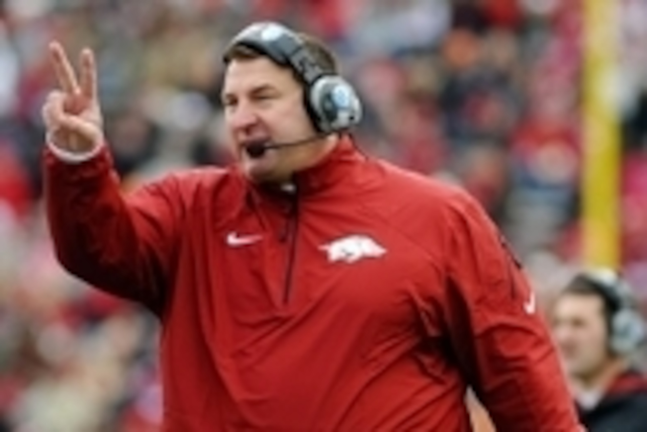 Nov 23, 2013; Little Rock, AR, USA; Arkansas Razorbacks head coach Bret Bielema reacts during the game against the Mississippi State Bulldogs during the second half at War Memorial Stadium. Mississippi State Bulldogs beat Arkansas Razorbacks 24 - 17.  Man