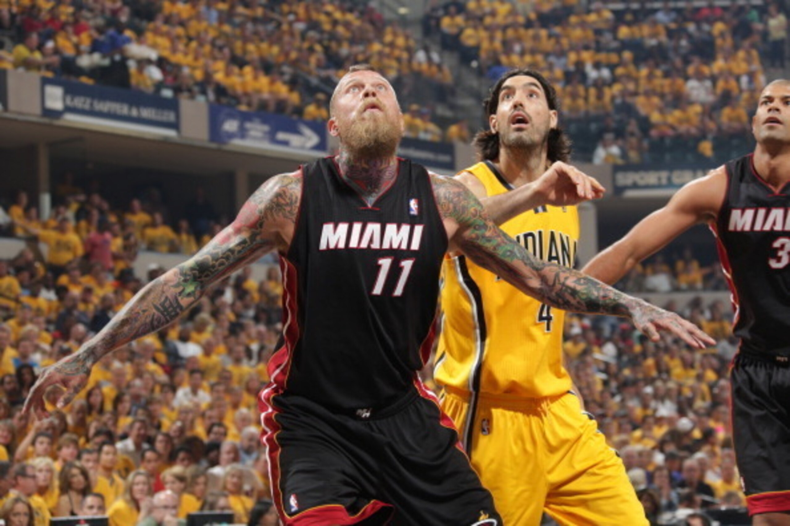 INDIANAPOLIS, IND - MAY 20: Chris Andersen #11 of the Miami Heat boxes out Luis Scola #4 of the Indiana Pacers in Game Two of the Eastern Conference Finals during the 2014 NBA Playoffs at Bankers Life Fieldhouse on May 20, 2014 in Indianapolis, Indiana. N