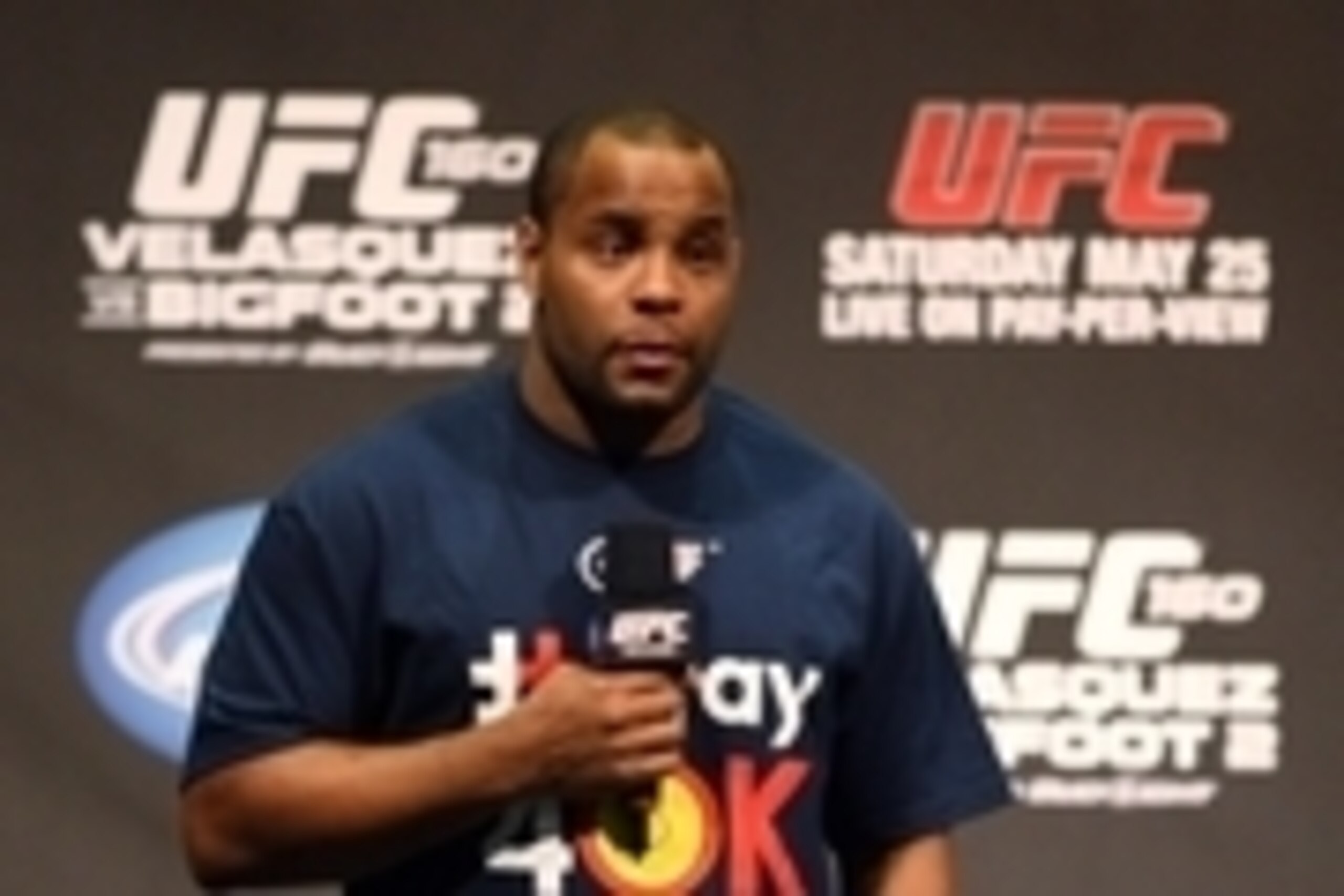 May 24, 2013; Las Vegas, NV, USA;  Daniel Cormier answers questions before the UFC 160 weigh-ins at the MGM Grand Garden Arena. Mandatory Credit: Bruce Fedyck-USA TODAY Sports