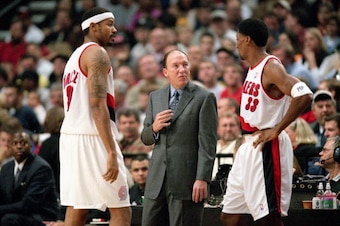 31 Oct 2000:  Head Coach Mike Dunleavy of the Portland Trail Blazers talks to Scottie Pippen #33 and Rasheed Wallace #30 during the game against the Los Angeles Lakers at the Rose Garden in Portland, Oregon. The Lakers defeated the Blazers 96-86. NOTE TO 