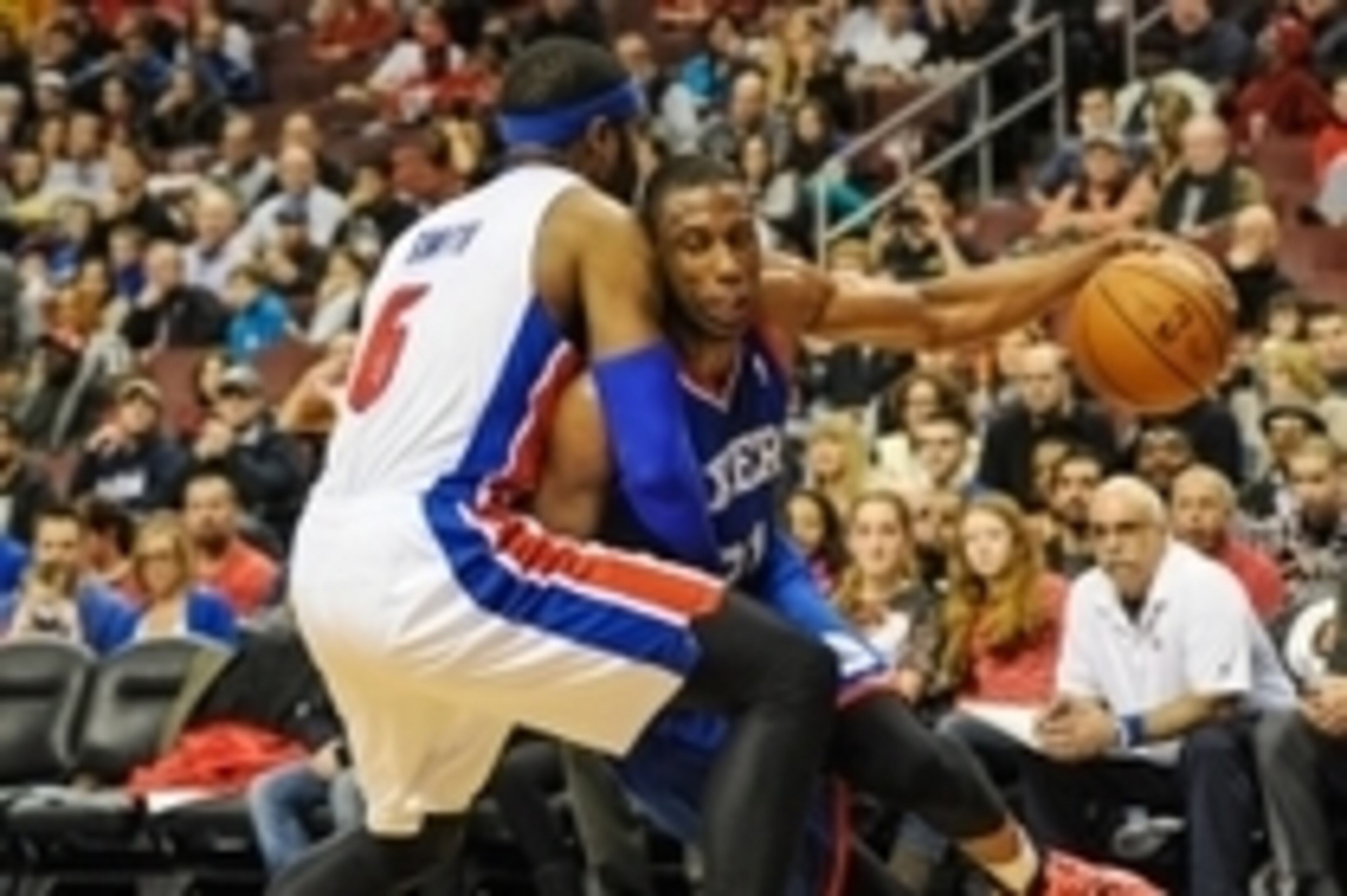 Mar 29, 2014; Philadelphia, PA, USA; Philadelphia 76ers forward Thaddeus Young (21) drives to the net as Detroit Pistons forward Josh Smith (6) defends during the 3rd quarter of the game at Wells Fargo Center. The Philadelphia 76ers broke a 26 game losin Mar 29, 2014; Philadelphia, PA, USA; Philadelphia 76ers forward Thaddeus Young (21) drives to the net as Detroit Pistons forward Josh Smith (6) defends during the 3rd quarter of the game at Wells Fargo Center. The Philadelphia 76ers broke a 26 game losin