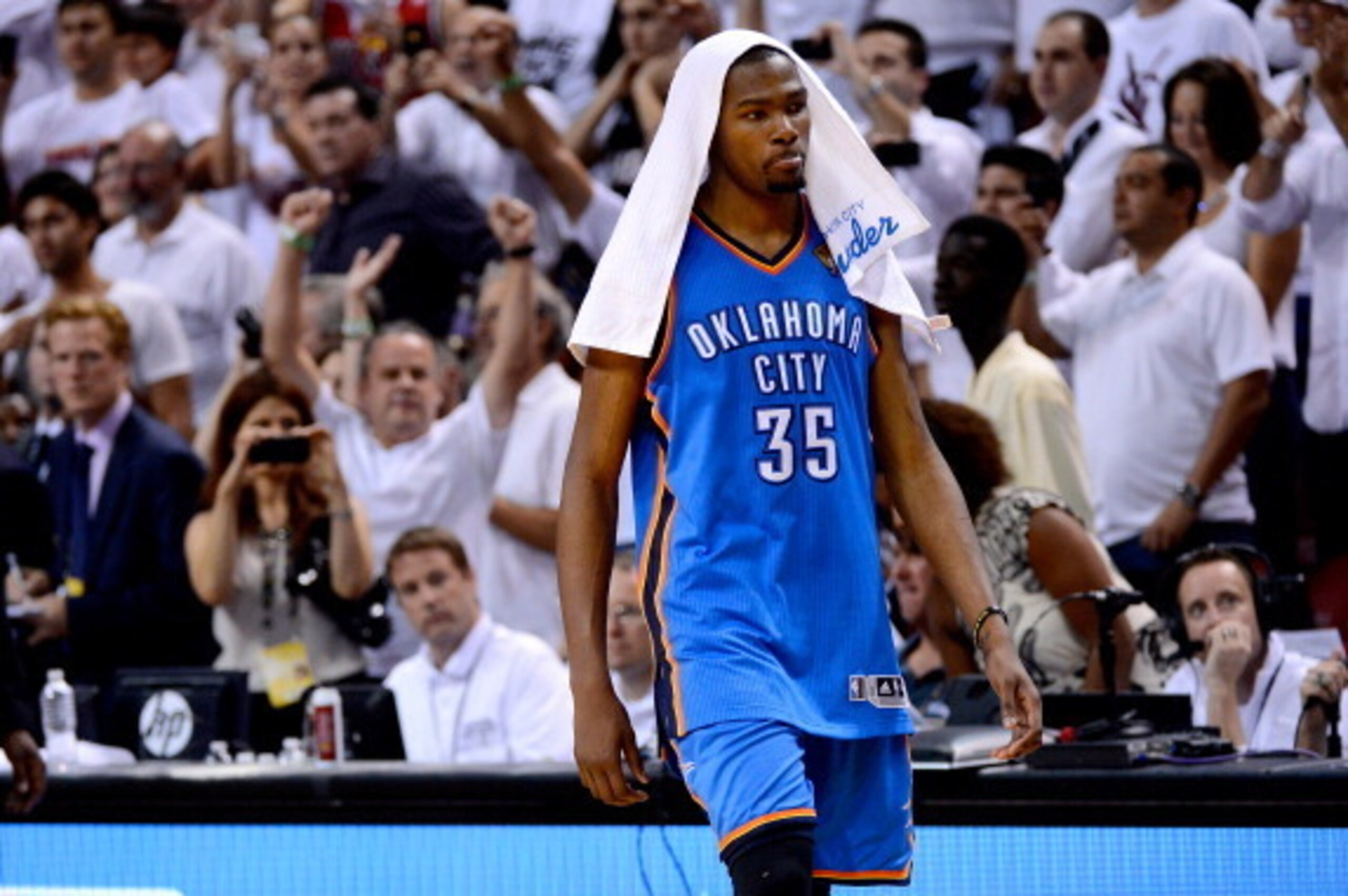 MIAMI, FL - JUNE 21:  Kevin Durant #35 of the Oklahoma City Thunder looks on dejected late in the fourth quarter against the Miami Heat in Game Five of the 2012 NBA Finals on June 21, 2012 at American Airlines Arena in Miami, Florida. NOTE TO USER: User e