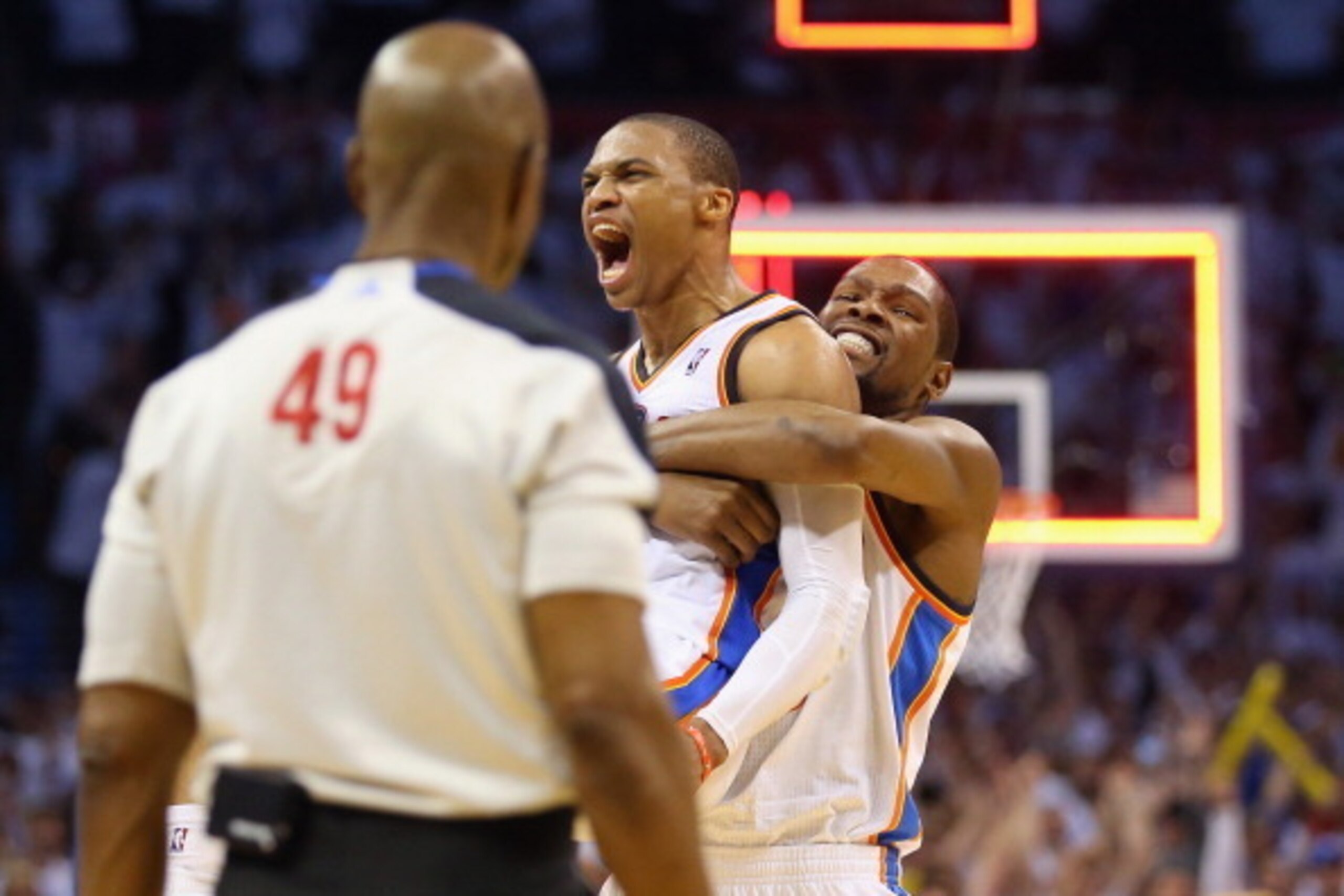 OKLAHOMA CITY, OK - MAY 13:  (L-R) Russell Westbrook #0 and Kevin Durant celebrate a 105-104 win against the Los Angeles Clippers in Game Five of the Western Conference Semifinals during the 2014 NBA Playoffs at Chesapeake Energy Arena on May 13, 2014 in 