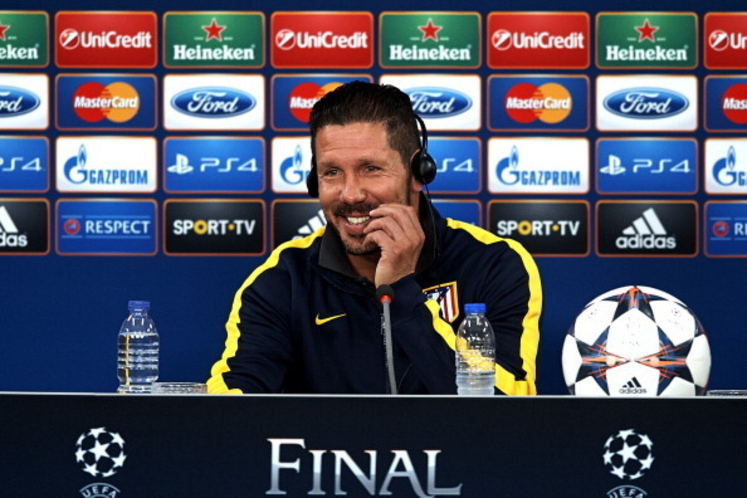 LISBON, PORTUGAL - MAY 23:   In this handout image provided by UEFA, Diego Simeone, coach of Club Atletico de Madrid attends a press conference ahead of the UEFA Champions League final against Real Madrid at Estadio da Luz on May 23, 2014 in Lisbon, Portu