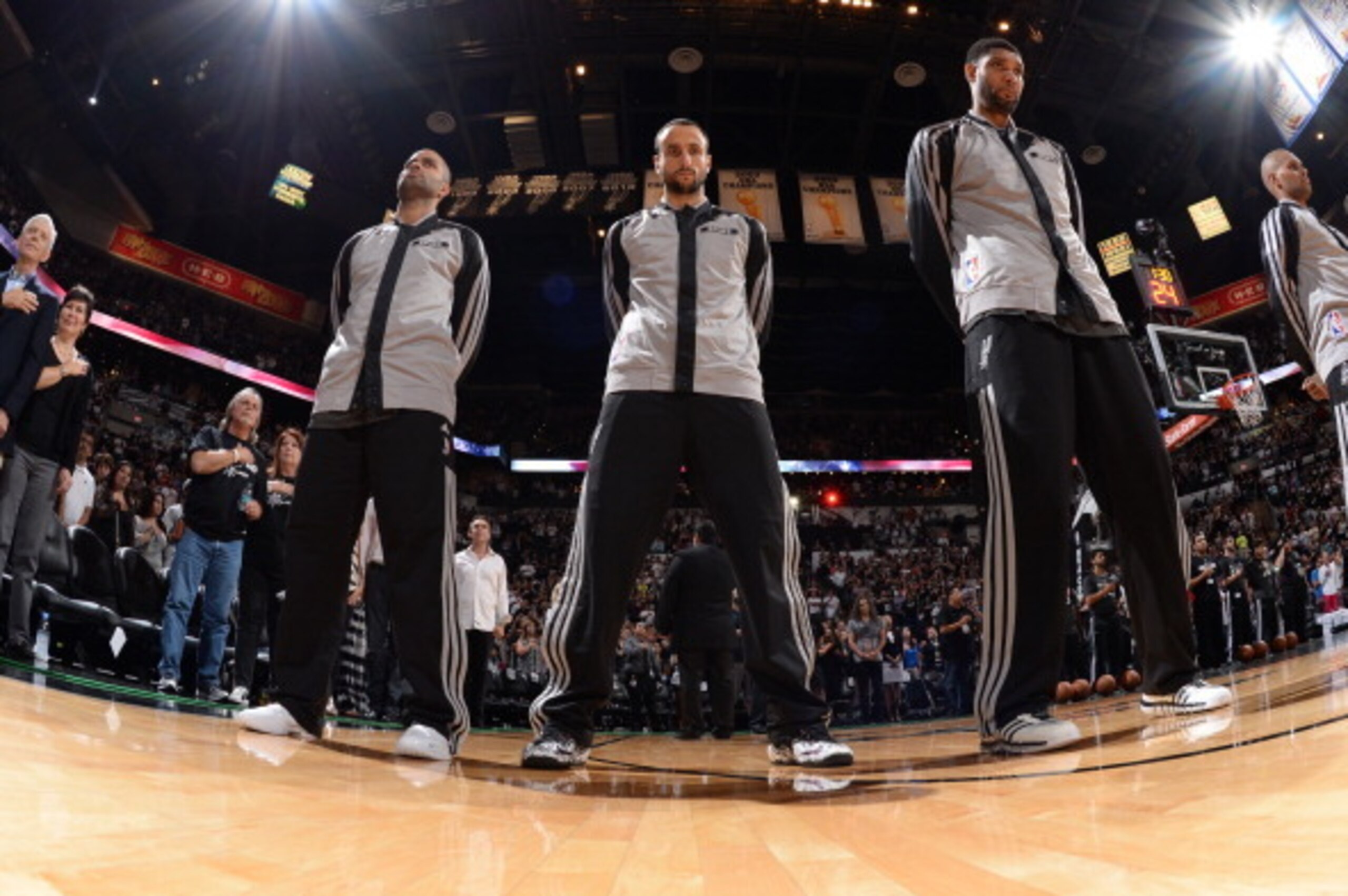 SAN ANTONIO, TX - MAY 21:  Tony Parker #9 Manu Ginobili #20 and Tim Duncan #21 of the San Antonio Spurs before the game against the Oklahoma City Thunder n Game Two of the Western Conference Finals during the 2014 NBA Playoffs on May 21, 2014 at the AT&T 