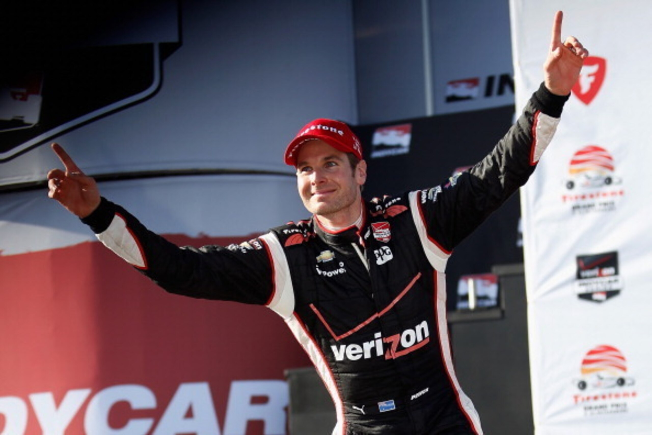 ST PETERSBURG, FL - MARCH 30:  Will Power of Australia, driver of the #12 Verizon Team Penske Chevrolet celebrates his victory in the Verizon IndyCar Series Firestone Grand Prix of St. Petersburg at the Streets of St. Petersburg on March 30, 2014 in St Pe