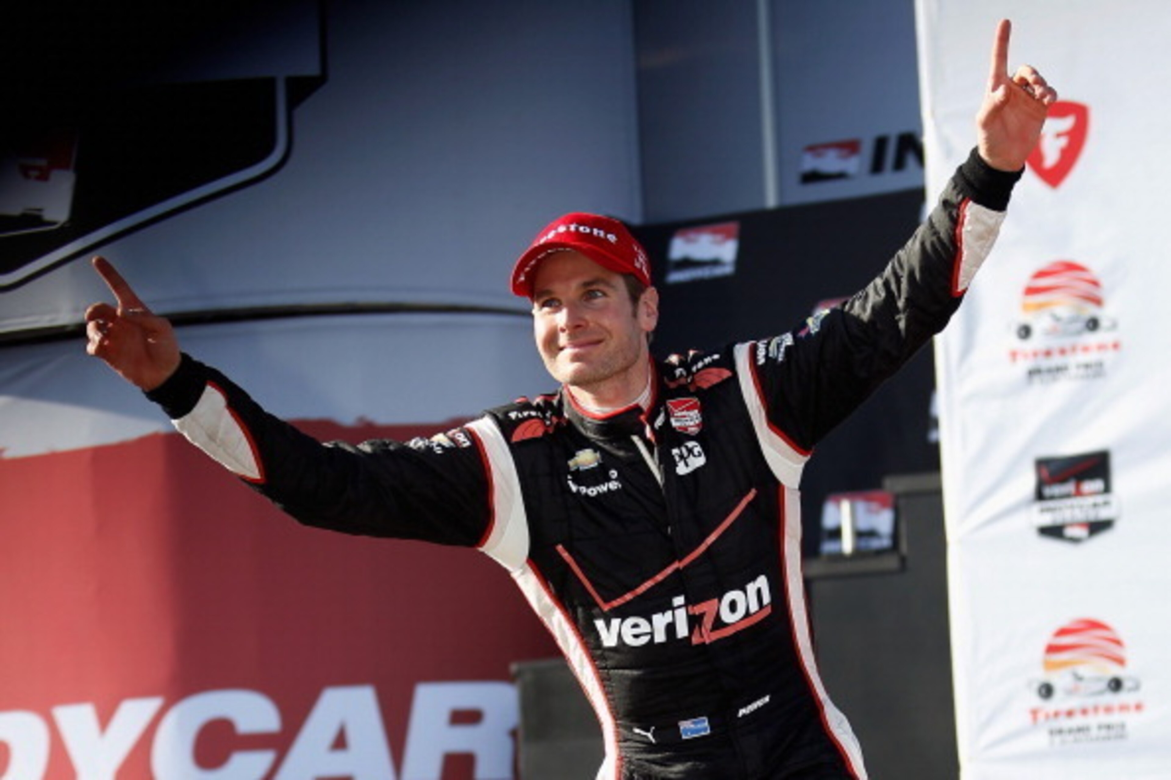 ST PETERSBURG, FL - MARCH 30:  Will Power of Australia, driver of the #12 Verizon Team Penske Chevrolet celebrates his victory in the Verizon IndyCar Series Firestone Grand Prix of St. Petersburg at the Streets of St. Petersburg on March 30, 2014 in St Pe