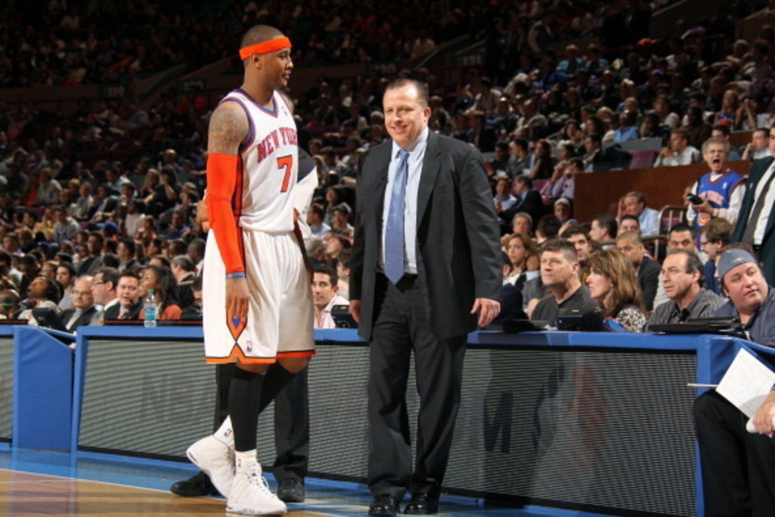 NEW YORK, NY - APRIL 12:  Head coach Tom Thibodeau of the Chicago Bulls talks to Carmelo Anthony #7 of the New York Knicks  during a game on April 12, 2011 at Madison Square Garden in New York City.  NOTE TO USER: User expressly acknowledges and agrees th