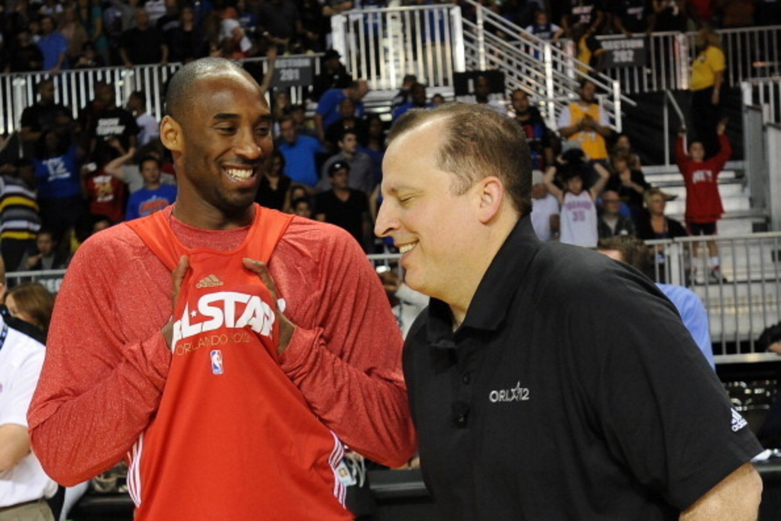 ORLANDO, FL - FEBRUARY 25: Kobe Bryant #24 of the Los Angeles Lakers talks with Chicago Bulls head coach Tom Thibodeau during the All-Star Practice on center court at Jam Session during the NBA All-Star Weekend on February 25, 2012 at the Orange County Co