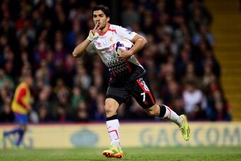 LONDON, ENGLAND - MAY 05:  Luis Suarez of Liverpool celebrates after scoring his team' sthird goal during the Barclays Premier League match between Crystal Palace and Liverpool at Selhurst Park on May 5, 2014 in London, England.  (Photo by Jamie McDonald/