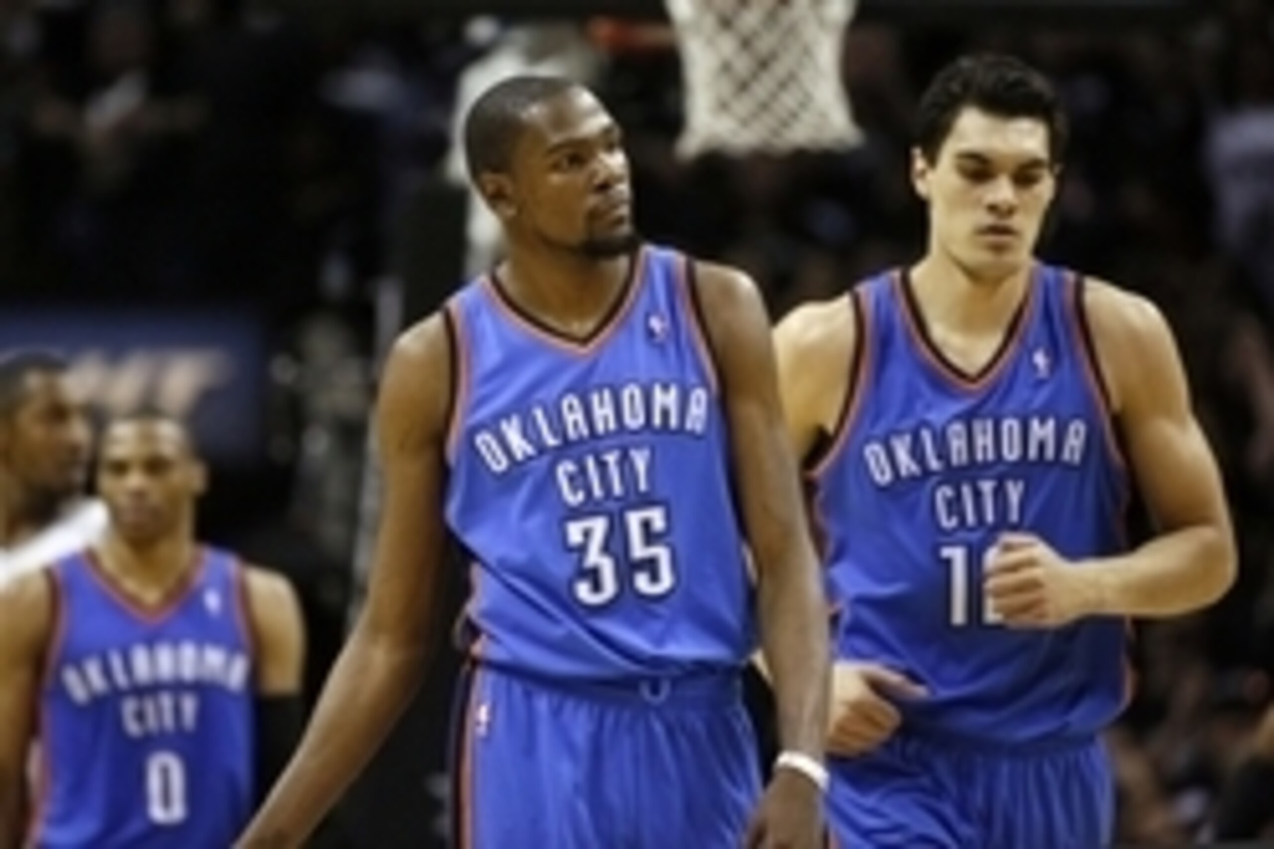 May 19, 2014; San Antonio, TX, USA; Oklahoma City Thunder forward Kevin Durant (35) reacts against the San Antonio Spurs in game one of the Western Conference Finals in the 2014 NBA Playoffs at AT&T Center. The Spurs won 122-105. Mandatory Credit: Soobum 