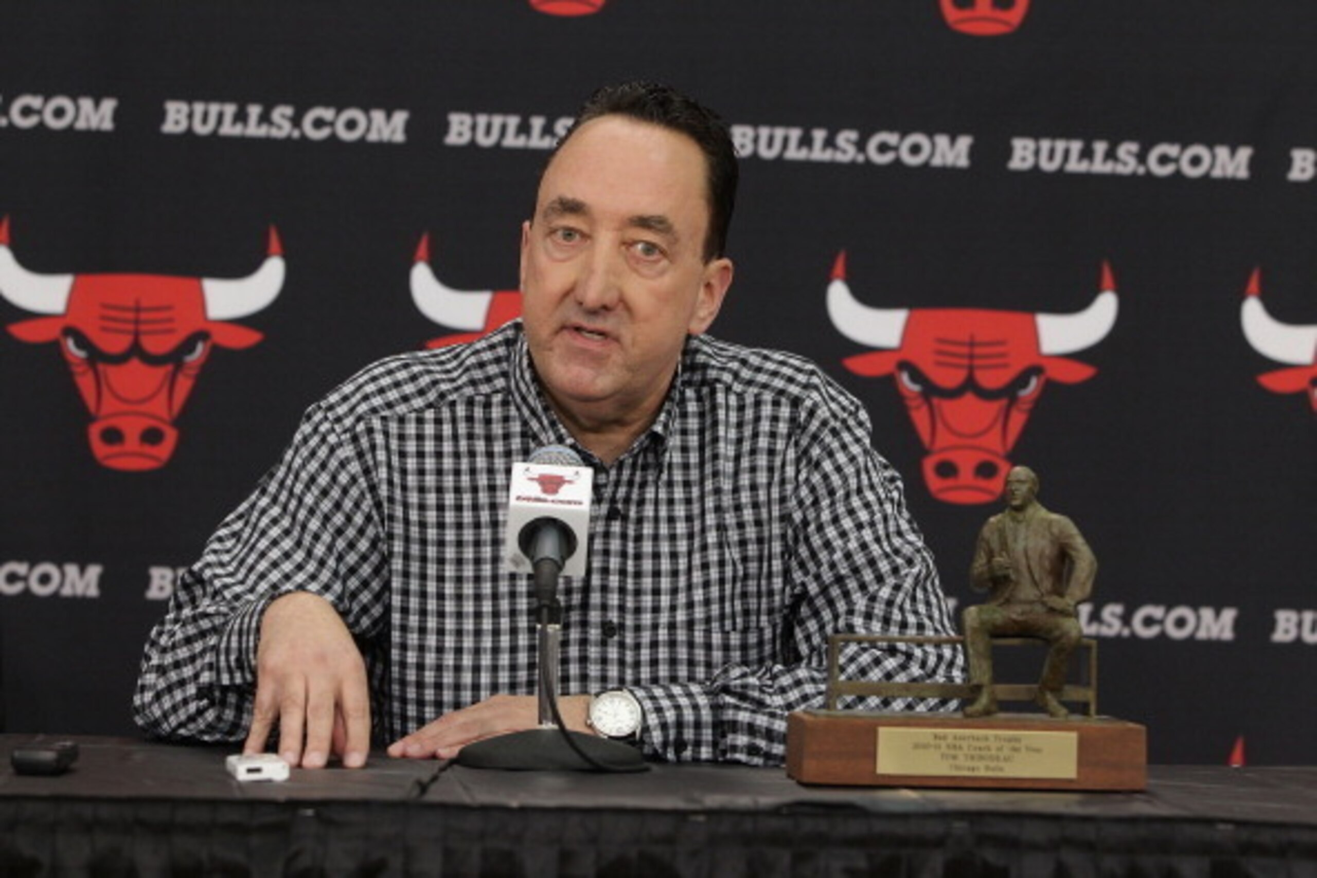 DEERFIELD, IL - MAY 01:  Chicago Bulls General Manager Gar Forman addresses the media before presenting the Red Auerbach Trophy to Bulls head coach Tom Thibodeau for being named the 2010-2011 NBA Coach of the Year on May 1, 2011 at Berto Center in Deerfie