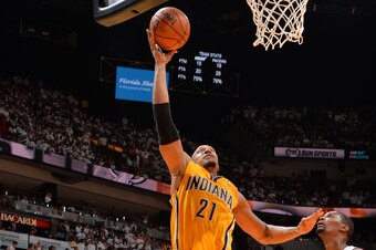 MIAMI, FL - MAY 24: David West #21 of the Indiana Pacers goes up for the dunk against the Miami Heat in Game Three of the Eastern Conference Semifinals during the 2014 NBA Playoffs on May 24, 2014 at American Airlines Arena in Miami, Florida. NOTE TO USER